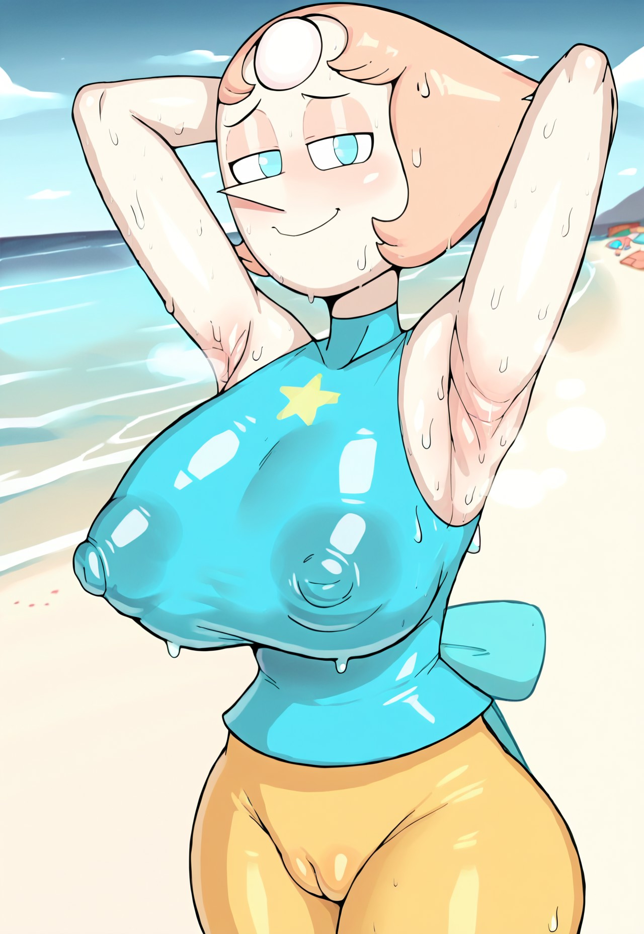 1girls, ai generated, areola, areola bulge, areolae, areolae visible through clothing, armpit, armpit fetish, armpits, arms behind head, arms up, ass, big breasts, big nipples, blue eyes, breasts, cameltoe, cartoon network, civitai, clothed, clothed female, clothing, dressed, female, female focus, female only, forehead gem, gem, gem (species), gem on forehead, half-closed eyes, large breasts, looking at viewer, nipple bulge, nipple outline, nipples, nipples visible through clothing, peach hair, pearl (steven universe), pointy nose, puckout, puffy areola, puffy areolae, puffy nipples, puffy pussy, pussy, smile, smiling, smiling at viewer, solo, solo female, solo focus, steven universe, sweat, sweat fetish, sweat on breasts, sweatdrop, sweating, sweaty, sweaty armpit, sweaty armpits, sweaty arms, sweaty body, sweaty breasts, thick, thick thighs, thighs, thin waist, white body, white skin, wide hips