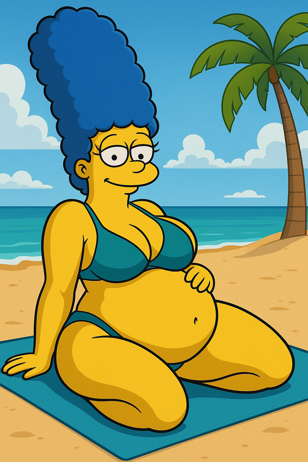 ai_generated beach bikini blue_hair breasts cartoon female marge_simpson milf preggo pregnant pregnant_belly pregnant_female the_simpsons