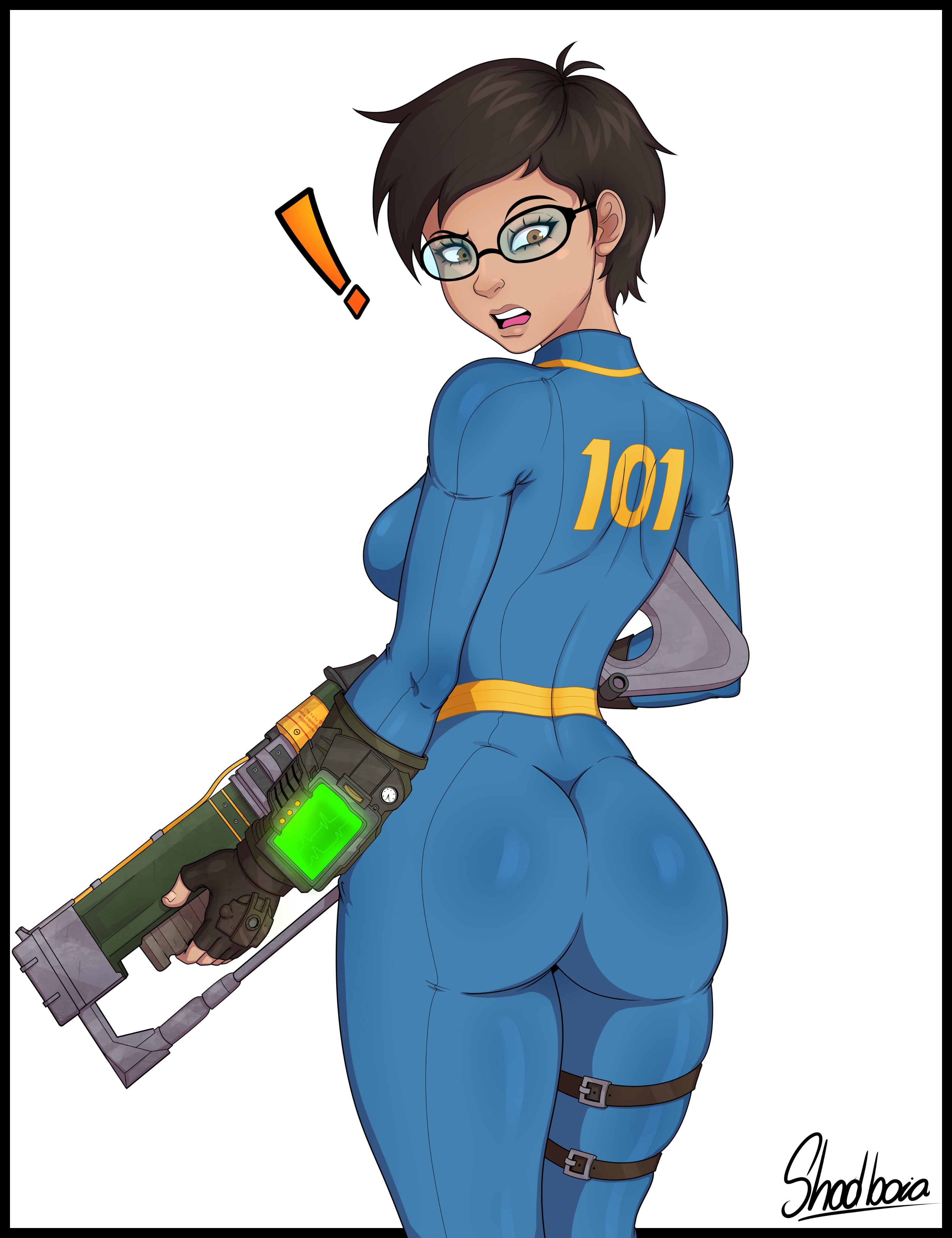 !, 1girls, 2025, 2d, 2d (artwork), alternate version at source, alternate version available, artist name, ass, ass focus, ass up, big ass, big butt, black border, breasts, brown eyes, brown hair, bubble ass, bubble butt, butt, clothed, clothed female, commission, fallout, fallout (series), fallout 3, fat ass, female, female only, fully clothed, gun, human, human only, jumpsuit, laser rifle, lone wanderer, looking at viewer, looking back, medium breasts, original character, pinup, pip-boy, questionable, realistic proportions, rifle, sfw, shadboya, short hair, sideboob, skintight, skintight bodysuit, skintight clothing, solo, solo female, thick ass, thick thighs, tight clothing, vault girl, vault suit, weapon, wide hips, wide thighs
