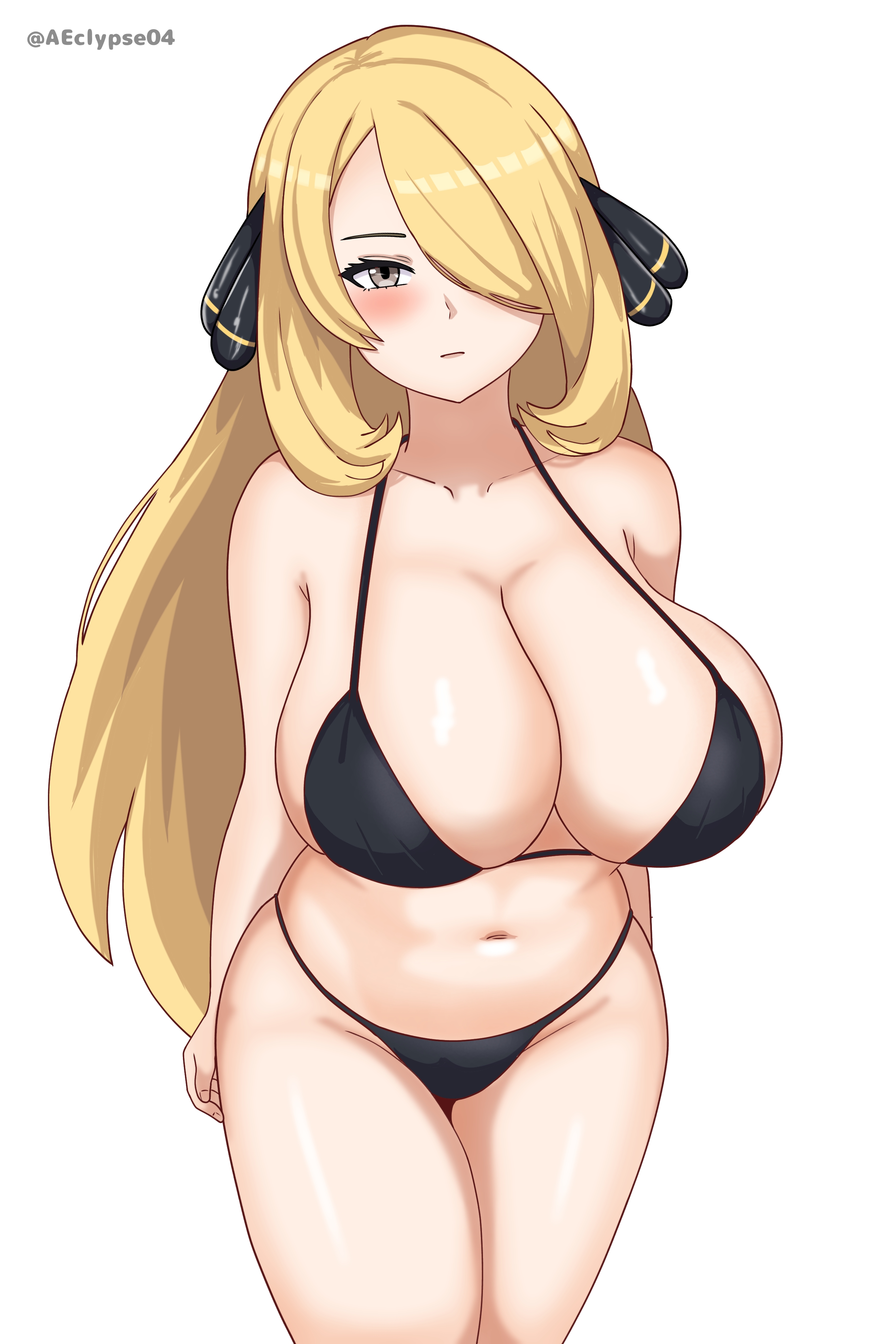 1girls, adult, adult female, alternate breast size, bare arms, bare belly, bare chest, bare hands, bare hips, bare legs, bare midriff, bare navel, bare shoulders, bare skin, bare thighs, belly, belly button, big breasts, bikini, bikini bottom, bikini only, bikini top, blonde eyebrows, blonde female, blonde hair, blonde-haired female, blush, blush face, blushing at viewer, blushing female, breasts, brown eyes, brown-eyed female, busty, busty female, cleavage, collarbone, curvaceous, curvaceous body, curvaceous female, curvaceous figure, curvaceous hips, curvaceous thighs, curvy, curvy body, curvy female, curvy figure, curvy hips, curvy thighs, cynthia (pokemon), eclypse, exposed arms, exposed belly, exposed chest, exposed hips, exposed legs, exposed midriff, exposed navel, exposed shoulders, exposed skin, exposed thighs, female, female focus, female only, groin, hair ornament, hair ornaments, hair over one eye, halterneck, high resolution, highres, hourglass figure, large breasts, lean figure, legs closed, legs together, lips, long hair, looking at viewer, mature, mature female, midriff, narrow waist, navel, parted bangs, plump breasts, pokemon, shoulders, simple background, slender body, slender waist, slim waist, solo, standing, string bikini, swimsuit, swimwear, thick thighs, thighs, upper body, voluptuous, white background, wide hips