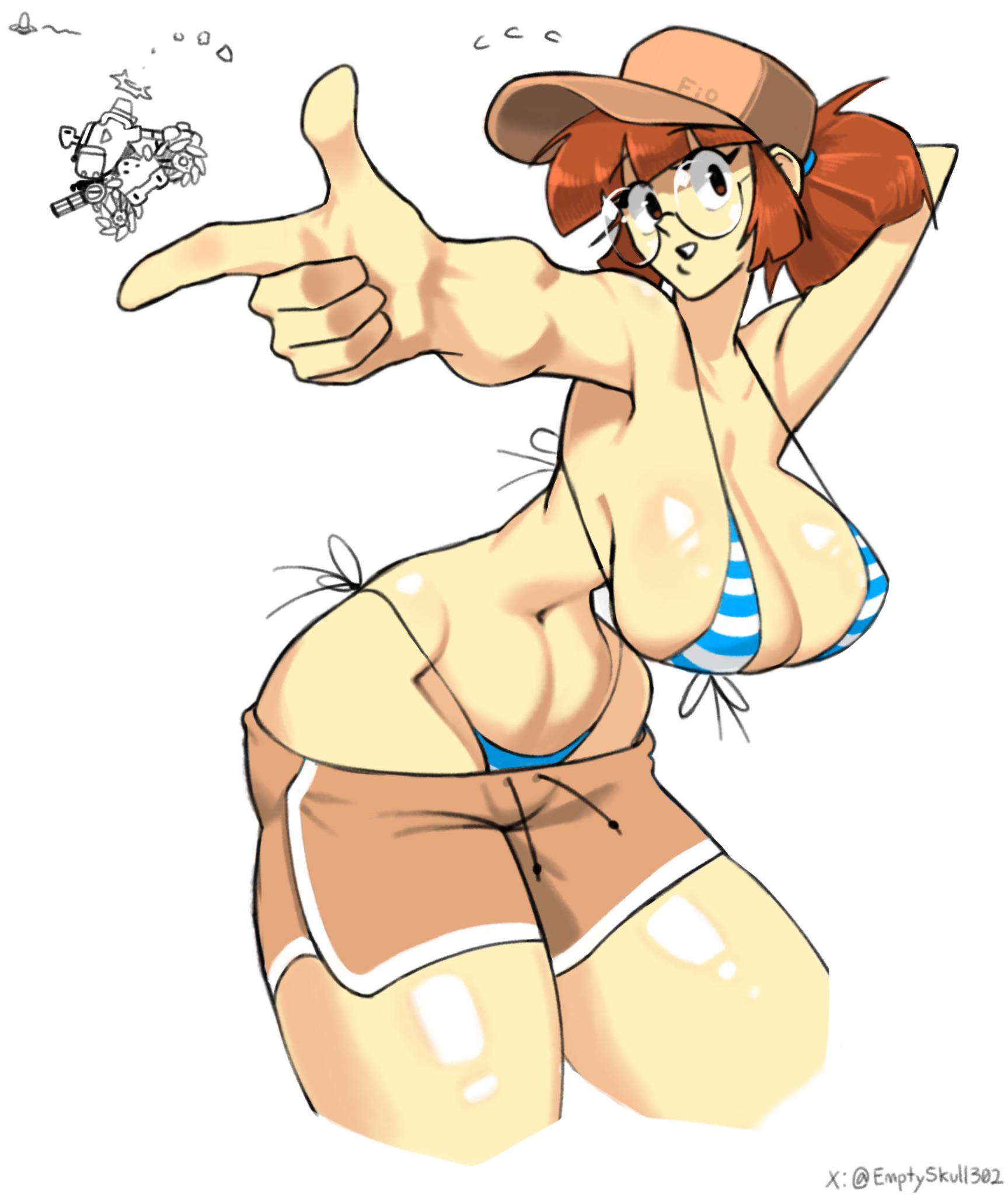 1girls, absurd res, background characters, bandaid, baseball cap, belt, big breasts, bikini, bikini bottom, bikini top, breasts, brown eyes, brown hair, cleavage, clothed, crop top, emptyskull302, female, fio germi, glasseshat, hi res, hip vent, hourglass figure, knee pads, matching hair/eyes, metal slug, midriff, narrow waist, navel, ponytail, revealing clothes, rifle, round glasses, short shorts, shorts, snk, solo, swimsuit, toned, toned female