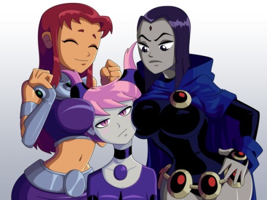 3girls, breast press, breasts, clothed female, dc, dc comics, female, female only, head between breasts, head on breasts, jinx (dc), leotard, multiple females, multiple girls, pale skin, purple eyes, purple hair, rachel roth, raven (dc), ravenravenraven, short hair, starfire, straight hair, tagme, teen titans, white background, yuri