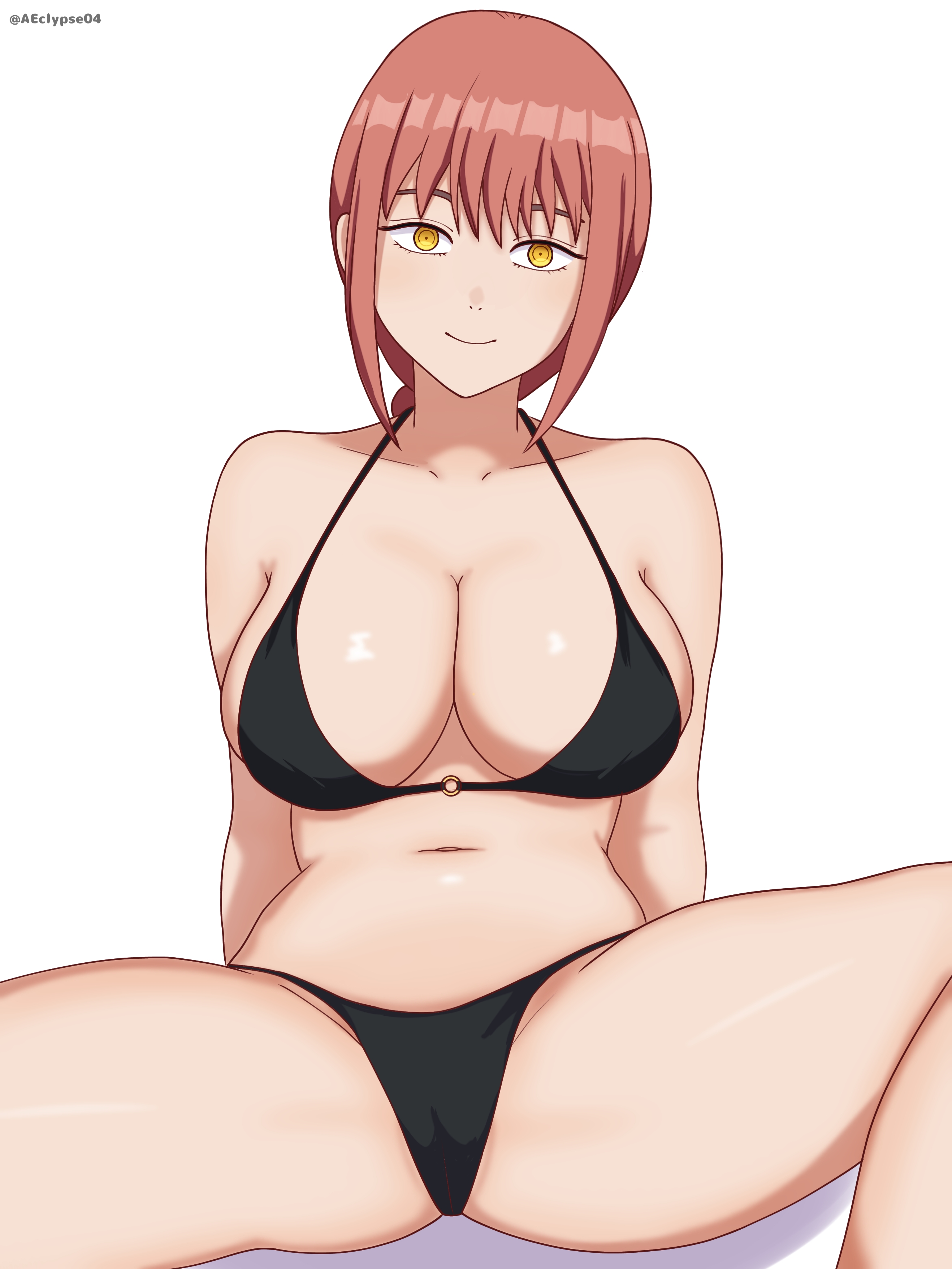 1girls, adult, adult female, belly, belly button, bewitching thighs, big breasts, bikini, bikini bottom, bikini only, bikini top, braid, braided hair, braided ponytail, breasts, bust cup, busty, busty female, chainsaw man, child bearing hips, cleavage, closed mouth smile, collarbone, eclypse, female, female focus, female only, groin, halterneck, head tilt, high resolution, highres, huge breasts, large breasts, lean figure, legs, legs apart, lips, long hair, looking at viewer, makima (chainsaw man), mature, mature female, midriff, narrow waist, navel, plump breasts, ponytail, red hair, red-haired female, ring eyes, shoulders, simple background, sitting, sitting on ass, sitting on floor, sitting on ground, slender body, slender waist, slim waist, smile, smiley face, smiling at viewer, smirk, solo, spread legs, string bikini, swimsuit, swimwear, thick thighs, thighs, tilted head, upper body, white background, yellow eyes, yellow-eyed female