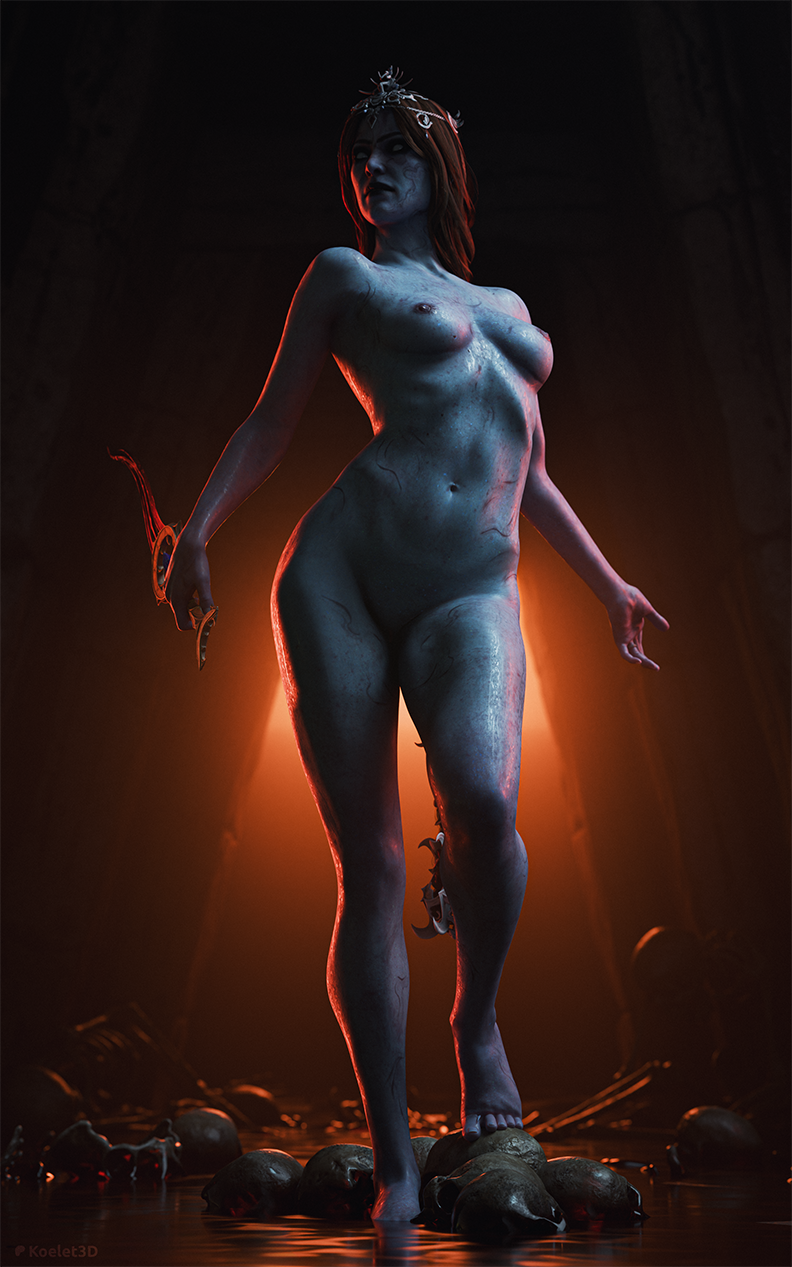 3d, baldur's gate, baldur's gate 3, blonde hair, changeling, dungeons and dragons, female, koelet3d, legs, naked, naked female, orin the red, pale skin, pale-skinned female, standing