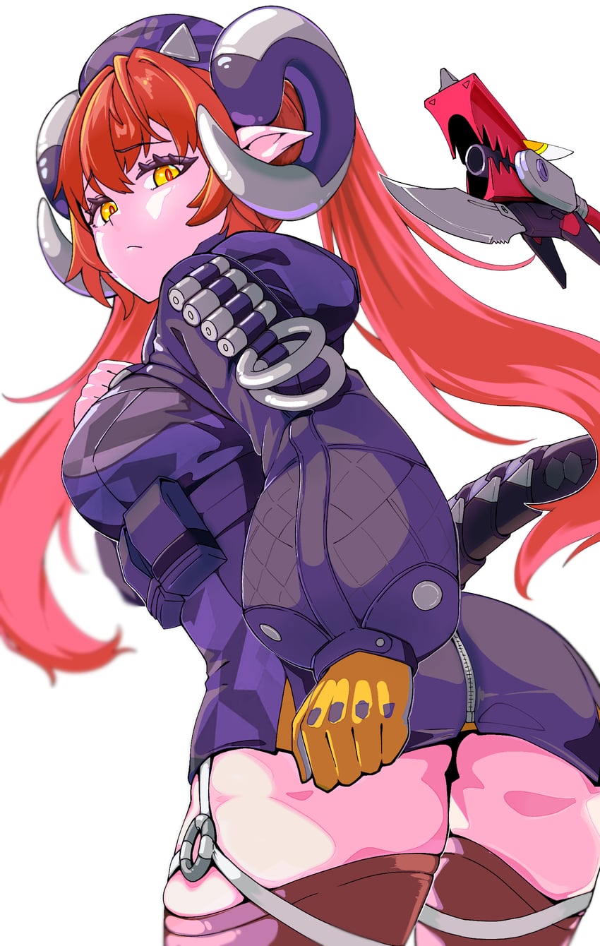 ass, back view, female, horns, huge ass, jacket, orphie magnusson, tail, twintails, uniform, zenless zone zero
