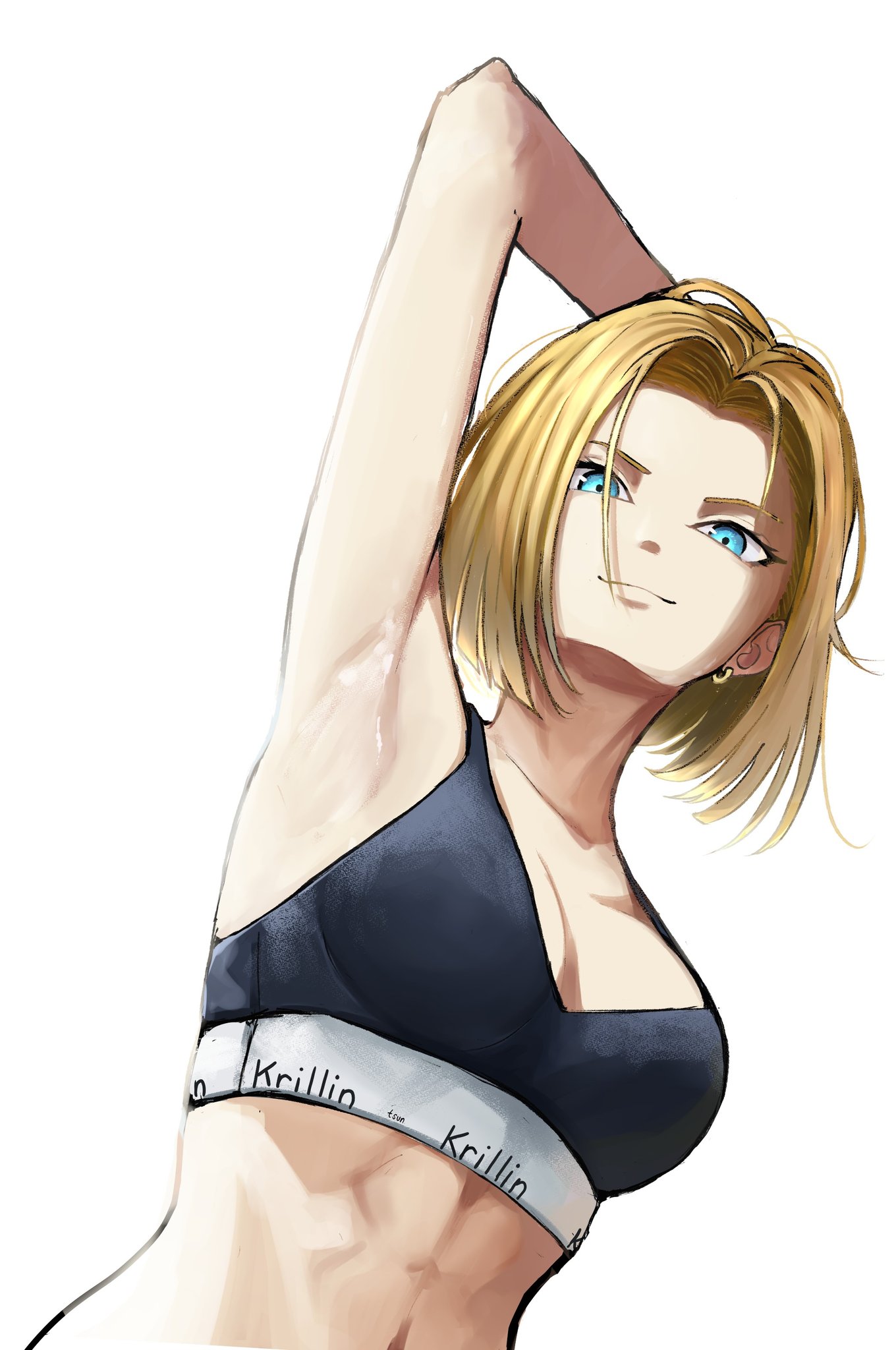 1girls, abs, adult, adult female, android 18, armpit, armpit crease, armpit peek, armpits, bare armpits, bare arms, bare belly, bare chest, bare hands, bare midriff, bare navel, bare shoulders, bare skin, belly, belly button, blonde eyebrows, blonde female, blonde hair, blonde-haired female, blue eyes, blue-eyed female, breasts, cleavage, collarbone, dragon ball, dragon ball z, ear piercing, earrings, elbows, exposed armpits, exposed arms, exposed belly, exposed chest, exposed midriff, exposed navel, exposed shoulders, exposed skin, female, female focus, female only, hairless armpits, hand behind head, high resolution, highres, lean figure, looking at viewer, looking down, looking down at viewer, mature, mature female, medium breasts, medium hair, midriff, muscular, muscular female, narrow waist, navel, parted bangs, pierced ear, shaved armpits, simple background, slender body, slender waist, slim waist, smile, smiley face, smiling, smiling at viewer, solo, sports bra, standing, tsunkyun, upper body, white background