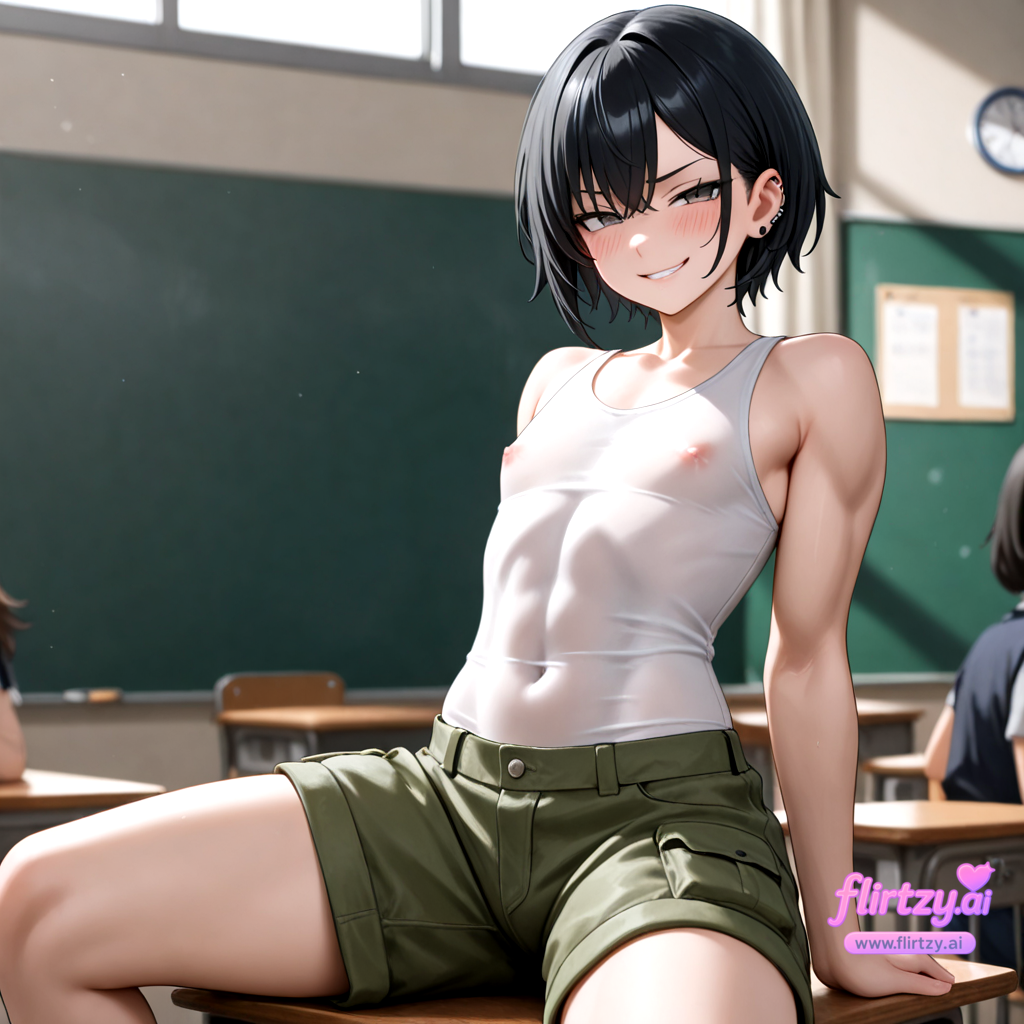 2girls ai_assisted ai_generated bangs bare_shoulders black_hair blurry blurry_background blurry_foreground blush breasts chair chalkboard classroom clock covered_nipples depth_of_field desk ear_piercing earrings eyebrows_visible_through_hair flirtzy.ai focused grin indoors jewelry looking_at_viewer motion_blur multiple_boys multiple_girls nipples on_desk piercing school_desk see-through short_hair shorts sitting sitting_on_desk smile solo_focus stud_earrings table tank_top
