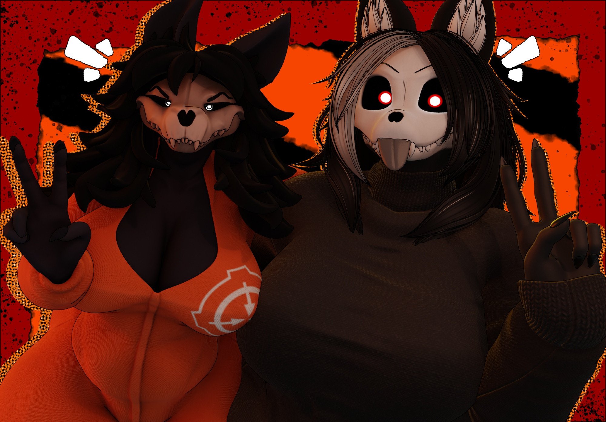 2girls, 3d, anaroth, anthro, big breasts, black body, black hair, breasts, cleavage, female, furry, huge breasts, mal0, mal0vent (game), malo, scp foundation, scp-1471, scp-1471-a, scp-1471-a (da.nilkaz), scp-1471-a (mal0vent), tagme, thick thighs, wide hips, wolf, wolf girl, zoidberg656