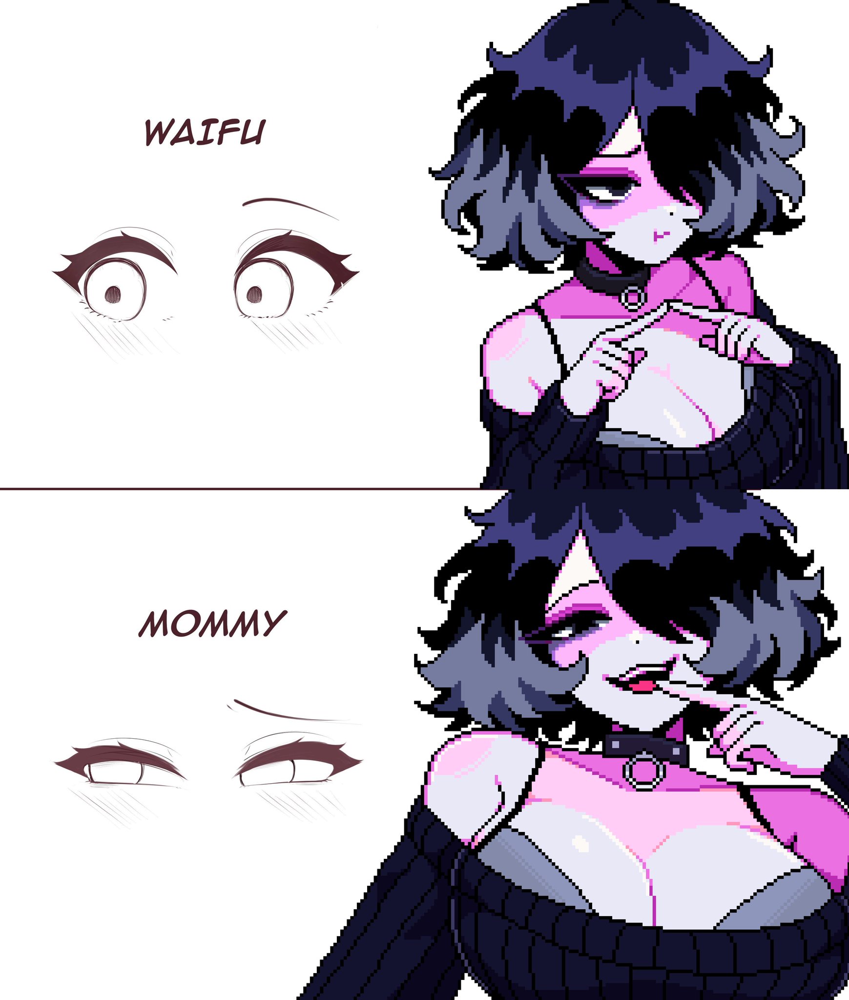 big breasts, boob focus, breast focus, breasts, breasts focus, english text, female, liz (yumykon), looking at viewer, mommy, oc, original character, pixel art, seductive look, waifu, waifu mommy (meme), yumykon