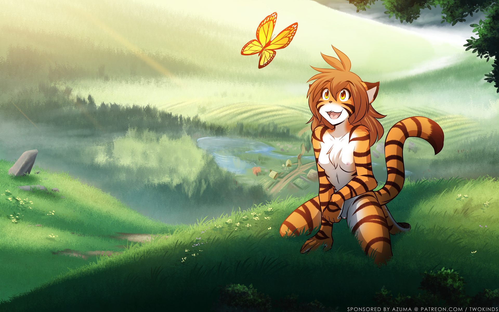 16:10, 2018, anthro, arthropod, breasts, brown hair, butterfly, casual nudity, chest tuft, detailed background, digitigrade, feline, female, field, flora (twokinds), flower, fur, grass, hair, hi res, hill, insects, keidran, kneeling, mammal, monochrome, multicolored fur, nipples, nude, open mouth, orange fur, outside, plant, pussy, river, road, simple background, sketch, small breasts, smile, solo, striped fur, stripes, tiger, tom fischbach, tuft, twokinds, village, water, webcomic, white background, white fur, yellow eyes