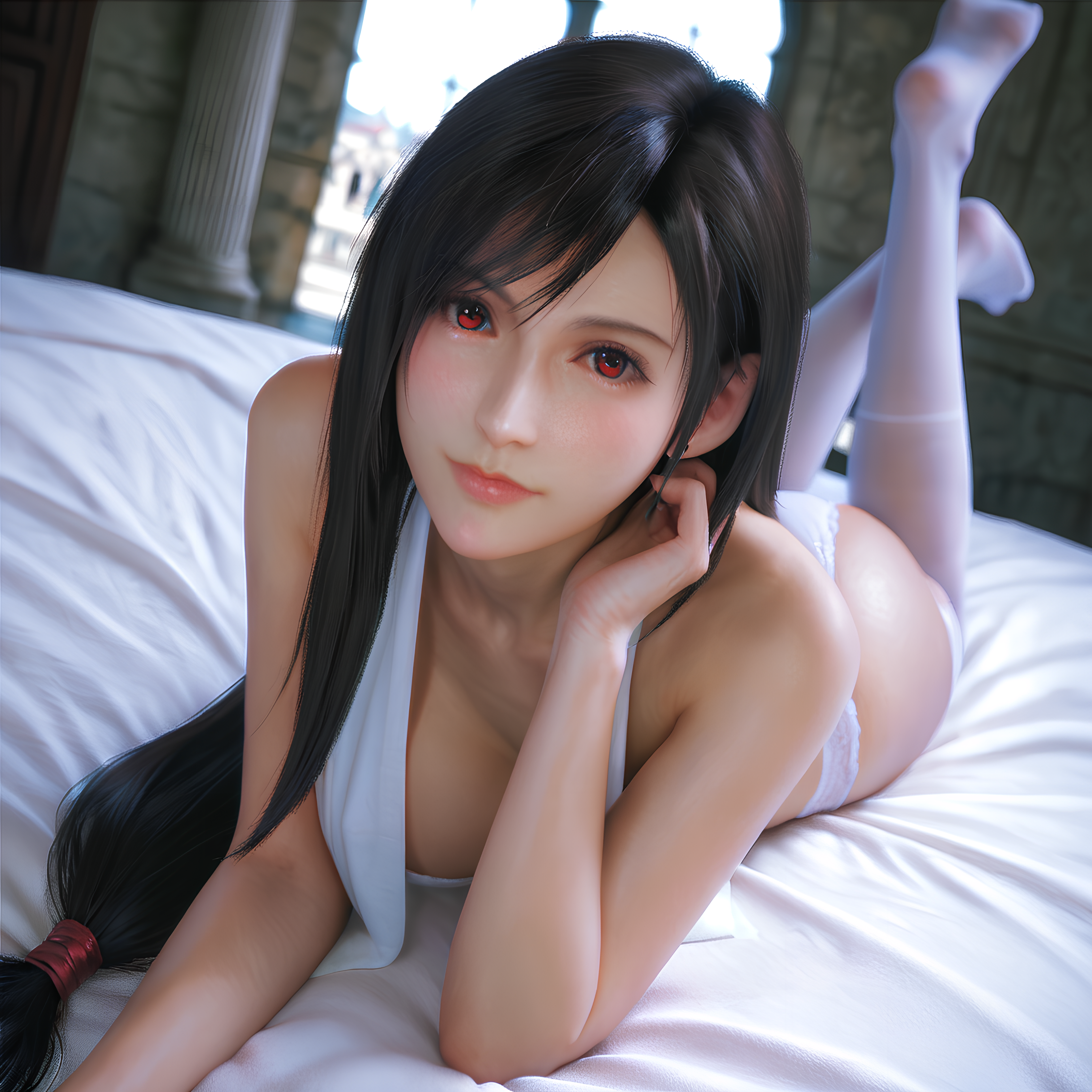 1girls, 3d model, 3d render, ai generated, beautiful, bed, black hair, clothed, female, final fantasy, final fantasy vii remake, long socks, looking at viewer, red eyes, tifa lockhart, white legwear, white lingerie