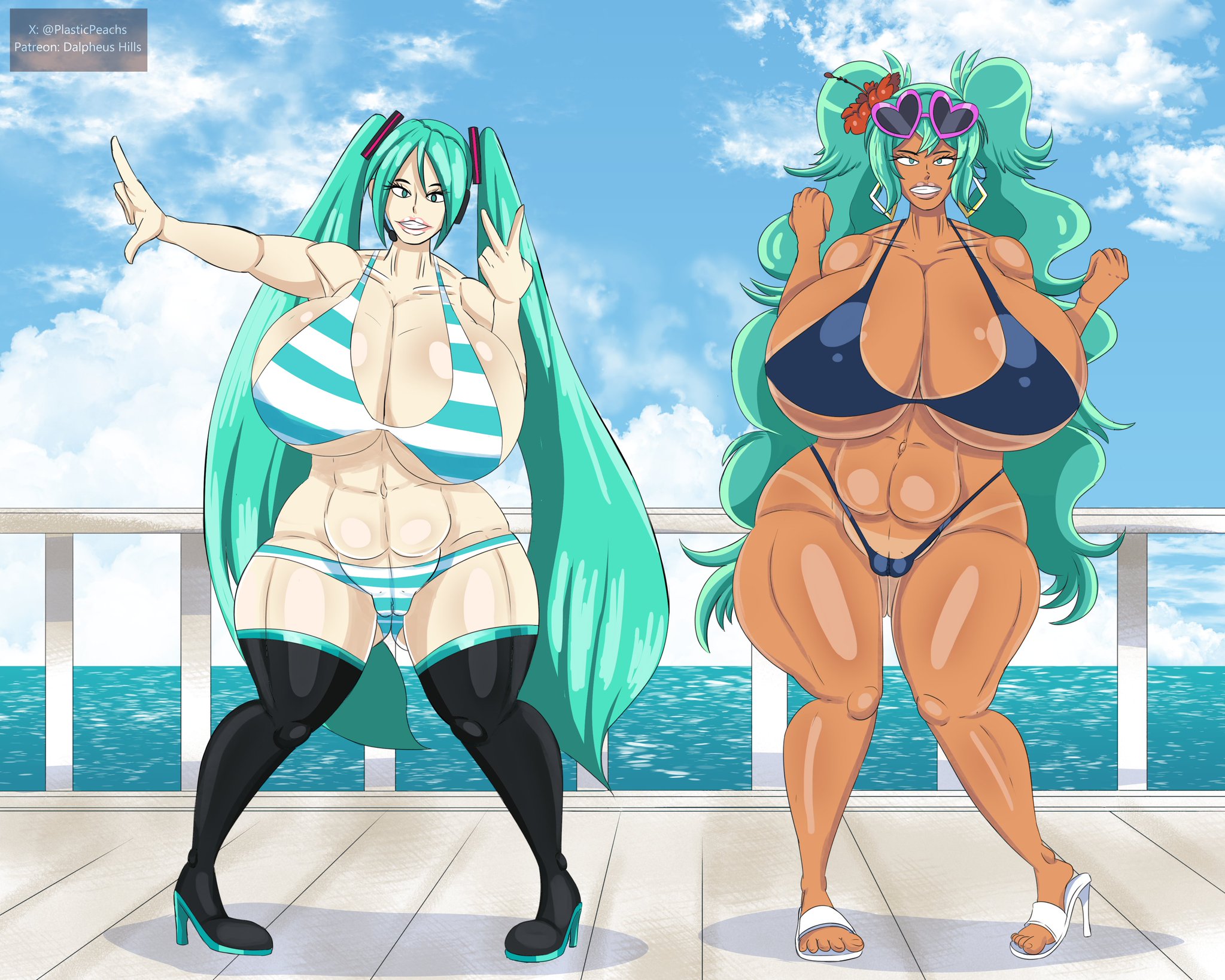 2girls, abs, alternate breast size, aqua hair, ass, ass visible through thighs, big ass, big breasts, bikini, boots, brazilian miku, breasts, cameltoe, cleavage, cloud, dalpheushills, dark skin, dark-skinned female, earrings, eyewear on head, female, flower, gigantic breasts, green eyes, green hair, grin, hair flower, hair ornament, hatsune miku, heart, heart-shaped eyewear, high heels, huge breasts, jewelry, long hair, multiple girls, muscular, navel, ocean, peace sign, plump lips, sky, smile, striped, sunglasses, swimsuit, tan, tan body, tan markings, tan skin, tanlines, tanned, tanned body, tanned female, tanned skin, thick lips, thick thighs, thigh boots, thighhighs, thighs, twintails, very long hair, vocaloid