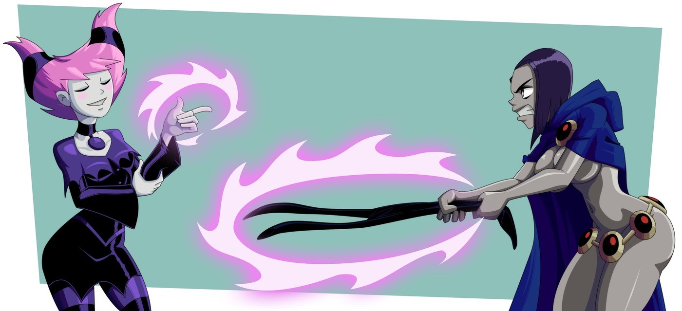 2girls, cartoon network, dc, dc comics, female, female only, goth, green background, grey skin, jinx (dc), multiple females, multiple girls, pink hair, purple hair, rachel roth, raven (dc), ravenravenraven, straight hair, tagme, teen titans, toonami, white background, white skin