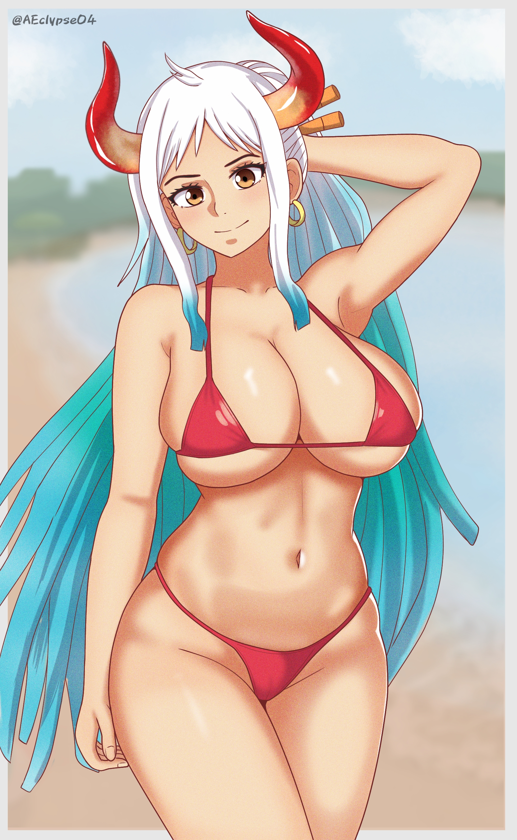 1girls, adult, almost naked, almost nude, armpit, armpit crease, armpit peek, armpits, bare armpits, bare arms, bare belly, bare chest, bare hands, bare hips, bare legs, bare midriff, bare navel, bare shoulders, bare skin, bare thighs, bathing suit, beach, belly, belly button, big breasts, bikini, bikini bottom, bikini top, blue hair, breasts, busty, cleavage, closed mouth smile, clothing, collarbone, curvaceous, curvaceous body, curvaceous figure, curvaceous hips, curvy, curvy body, curvy figure, curvy hips, ear piercing, ear piercings, earrings, eclypse, elbows, exposed armpits, exposed arms, exposed belly, exposed chest, exposed hips, exposed legs, exposed midriff, exposed navel, exposed shoulders, exposed skin, exposed thighs, female, female only, fingernails, fingers, gradient hair, groin, hairless armpits, hand behind head, head tilt, high resolution, highres, horn, horns, hourglass figure, large breasts, lean figure, lips, long hair, looking at viewer, midriff, mostly nude, multicolored hair, naked, narrow waist, navel, nearly nude, nude, nudity, one piece, outdoor, outdoor nudity, outdoors, outside, pierced ear, pierced ears, plump breasts, ponytail, practically nude, red horn, red horns, shaved armpits, shoulders, slender body, slender waist, slim waist, smile, smiley face, smiling, smiling at viewer, smirk, solo, standing, swimsuit, swimwear, thick thighs, thighs, thong, tilted head, two-tone hair, upper body, white eyebrows, white hair, white-haired female, wide hips, yamato (one piece)