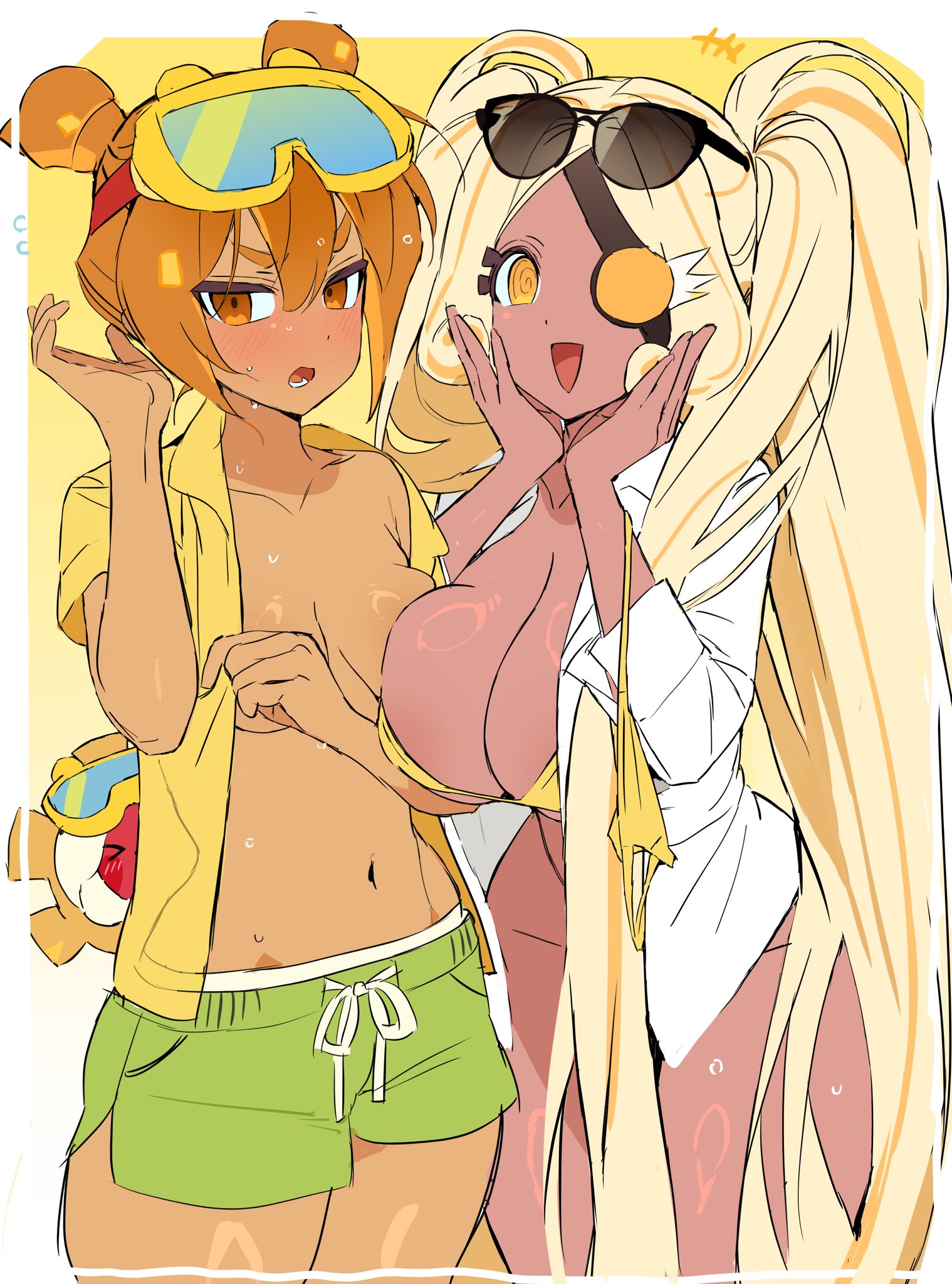 :d, :o, 2girls, big breasts, breasts, cleavage, cookie run, cowboy shot, croissant cookie, dark skin, dark-skinned female, devsisters, double bun, eyewear on head, female, gughib2, navel, ohta guk hip, selfcest, shorts, sunglasses, timekeeper cookie, twintails, very long hair, white background
