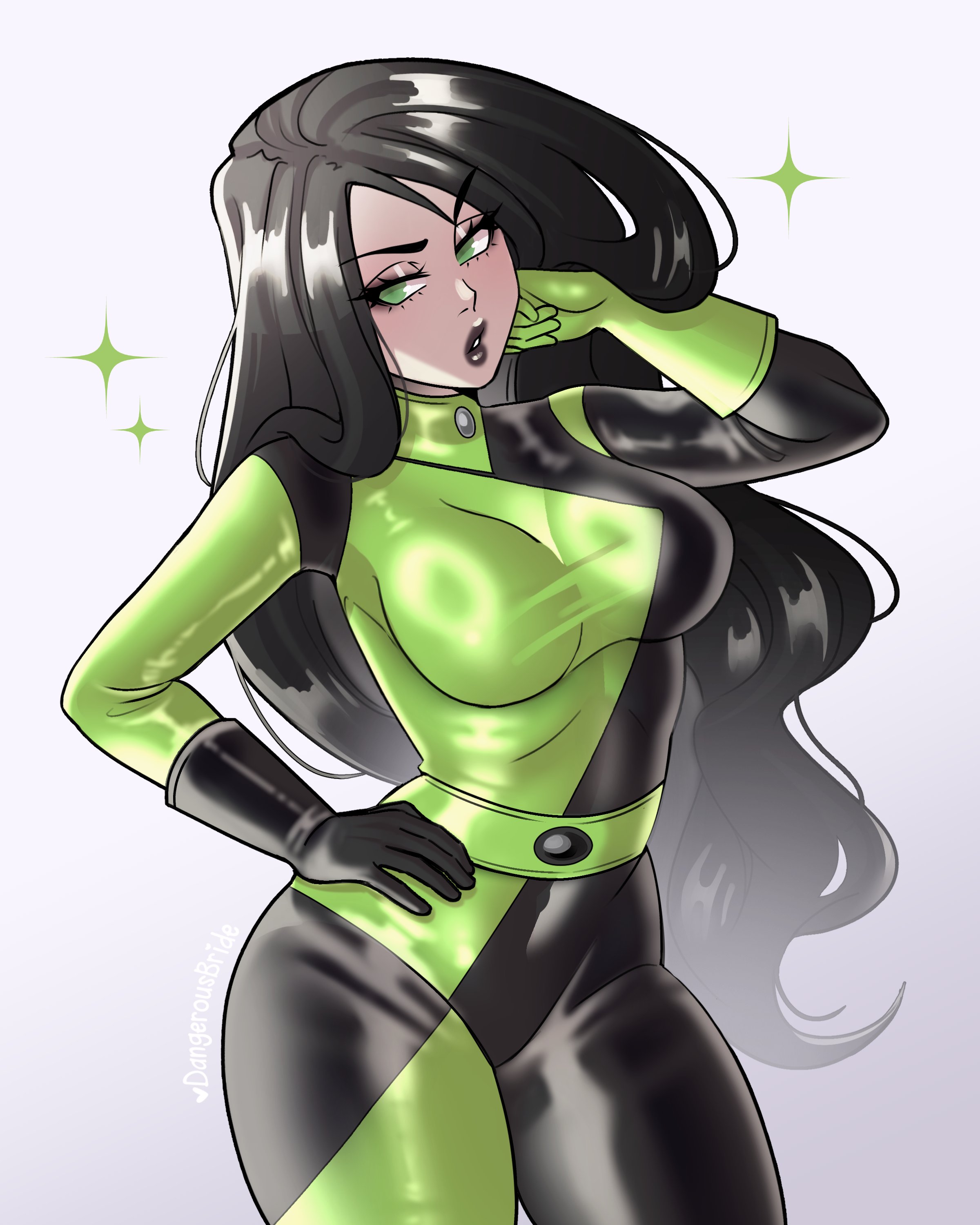 1girls, 2d, 2d (artwork), adjusting hair, artist name, black hair, black lipstick, bodysuit, breasts, busty, curvy, dangerousbride, disney, disney channel, female, green eyes, hand on hip, hips, kim possible, light skin, light-skinned female, long hair, looking at viewer, pale skin, pale-skinned female, questionable, realistic proportions, sfw, shego, simple background, sparkles, supervillainess, thick thighs, thighs, tight clothing, very high resolution, white background