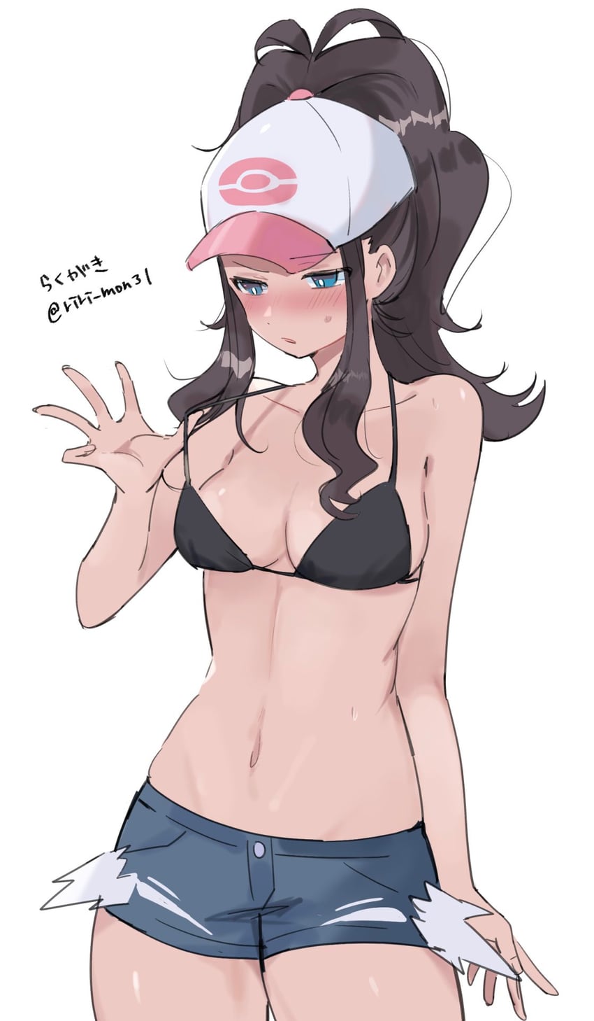 1girls, artist name, bare shoulders, baseball cap, bikini, bikini top only, black bikini, blue eyes, breasts, brown hair, cleavage, denim, denim shorts, exposed pocket, female, half naked, hat, high ponytail, highres, hilda (pokemon), long hair, medium breasts, navel, no shirt, open mouth, pokemon, pokemon bw, ponytail, ririmon, short shorts, shorts, sidelocks, softcore, solo, stomach, strap pull, swimsuit