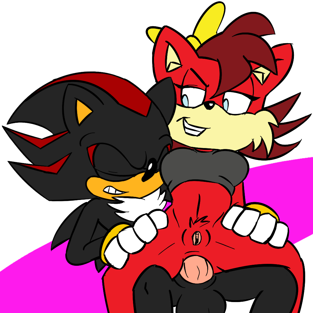 anal anal_penetration anal_sex balls black_fur blue_eyes closed_eyes fiona_fox fourball gloves grins penis pussy red_fur shadow_the_hedgehog sonic_(series) tan_fur top yellow_bow