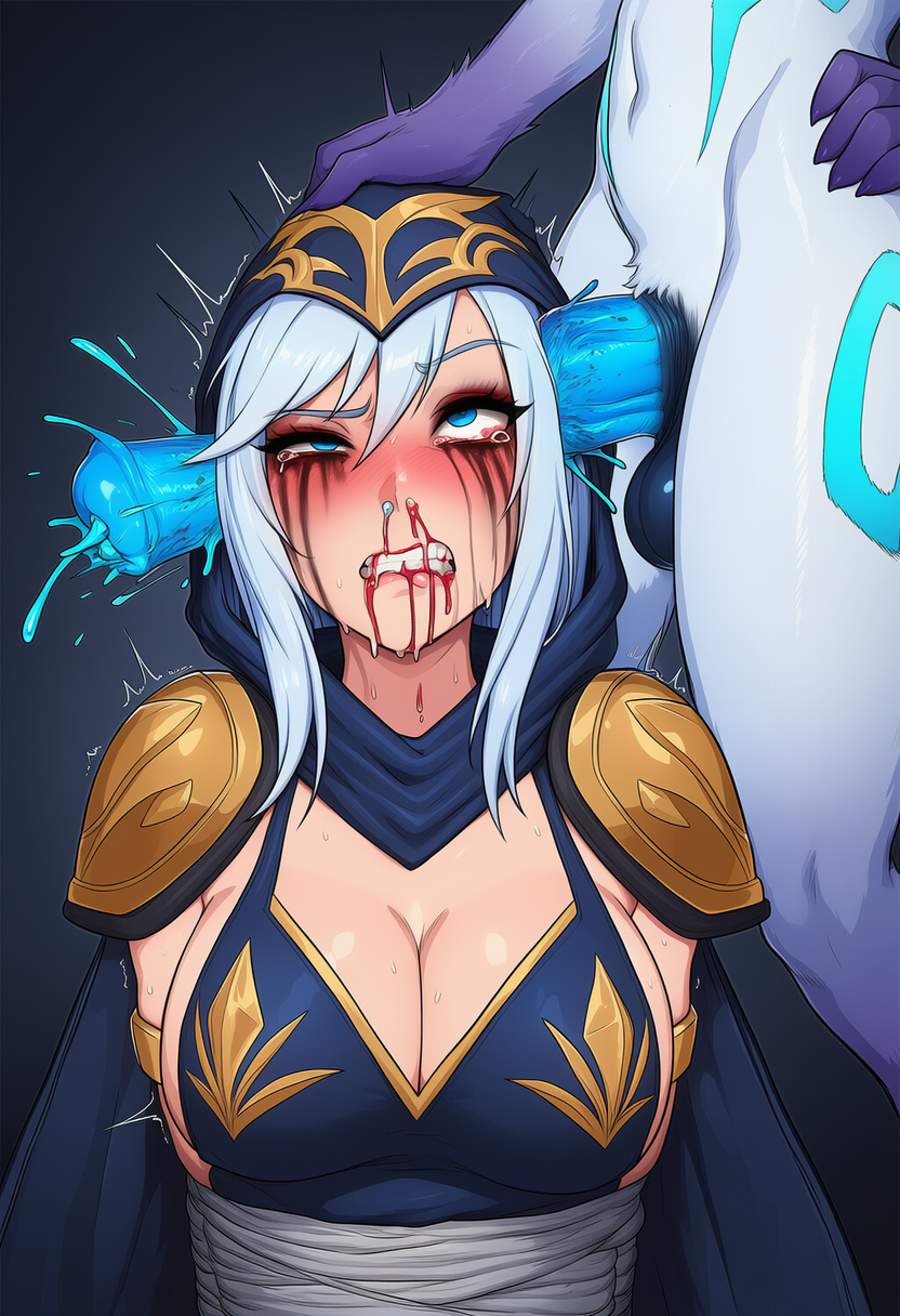 1futa, 1girls, ai generated, ashe (league of legends), blood drip, blood on face, blood splatter, ear penetration, female, futanari, guro, implied rape, intersex, kindred, league of legends, revenant ai, skull flossing