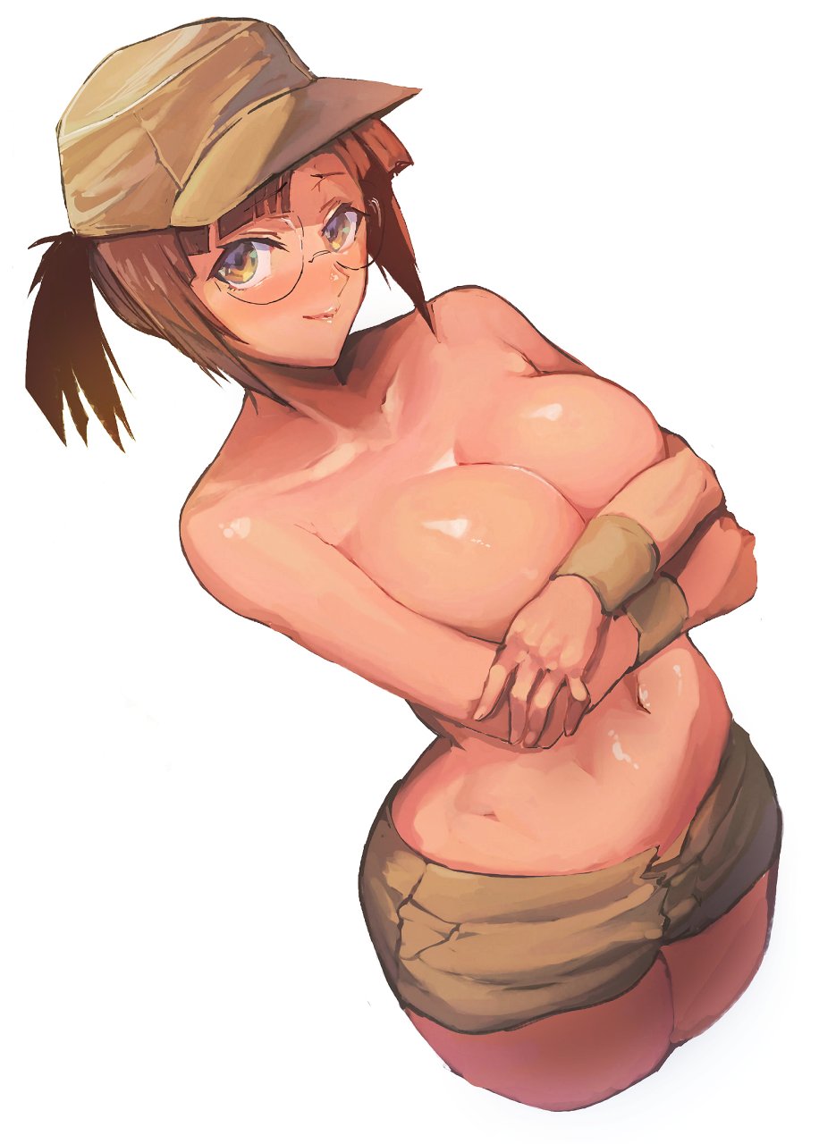 breasts, crossed arms, female, fio germi, glasses, hat, highres, large breasts, madsensei, metal slug, short shorts, shorts, topless female