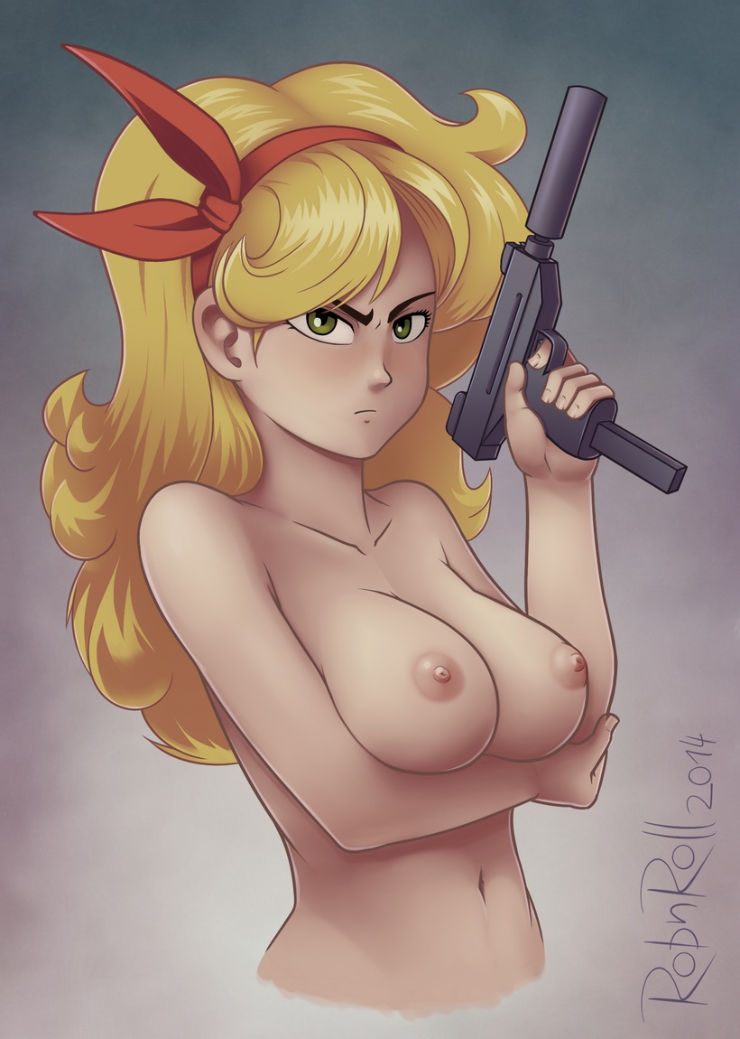 1girls 2014 areola bad_launch blonde_hair breast_hold breasts cleavage dragon_ball erect_nipples female firearm green_eyes gun hair_ribbon launch long_hair looking_at_viewer nipples ribbon robnroll solo submachine_gun suppressor topless uzi voluptuous weapon