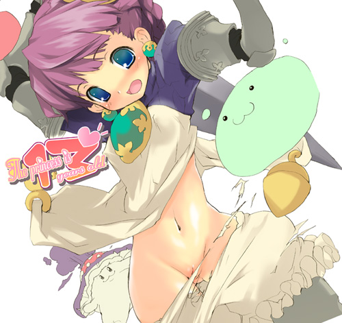 bloomers blue_eyes blush capcom gradriel hips lowres midriff navel poring princess_crown purple_hair pussy_peek ragnarok_online surprised torn_clothes uncensored yoshiwo