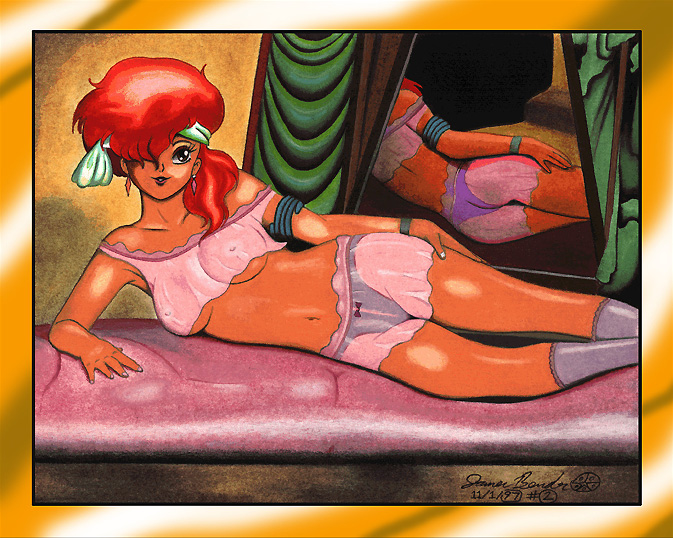 1990s 1997 1girls 20th_century breasts dark-skinned_female dark_skin dirty_pair female female_only headband human james_bender kei_(dirty_pair) large_breasts lying on_side red_hair short_hair solo tomboy