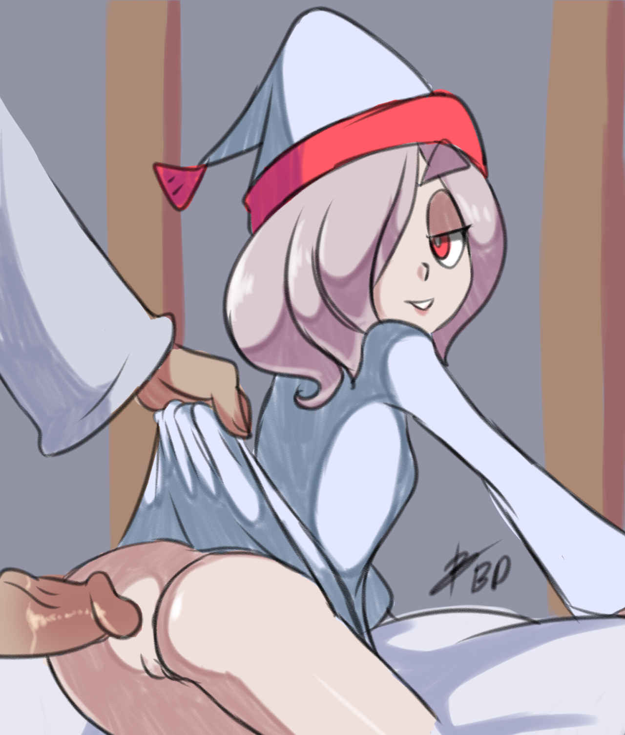 anus, ass, bigdeadalive, clothing, female, hair over one eye, hat, highres, imminent anal, imminent sex, little witch academia, long hair, looking back, male, nightcap, pajamas, pajamas pull, penis, pink hair, pussy, red eyes, smile, solo focus, straight hair, studio trigger, sucy manbavaran, thick eyebrows
