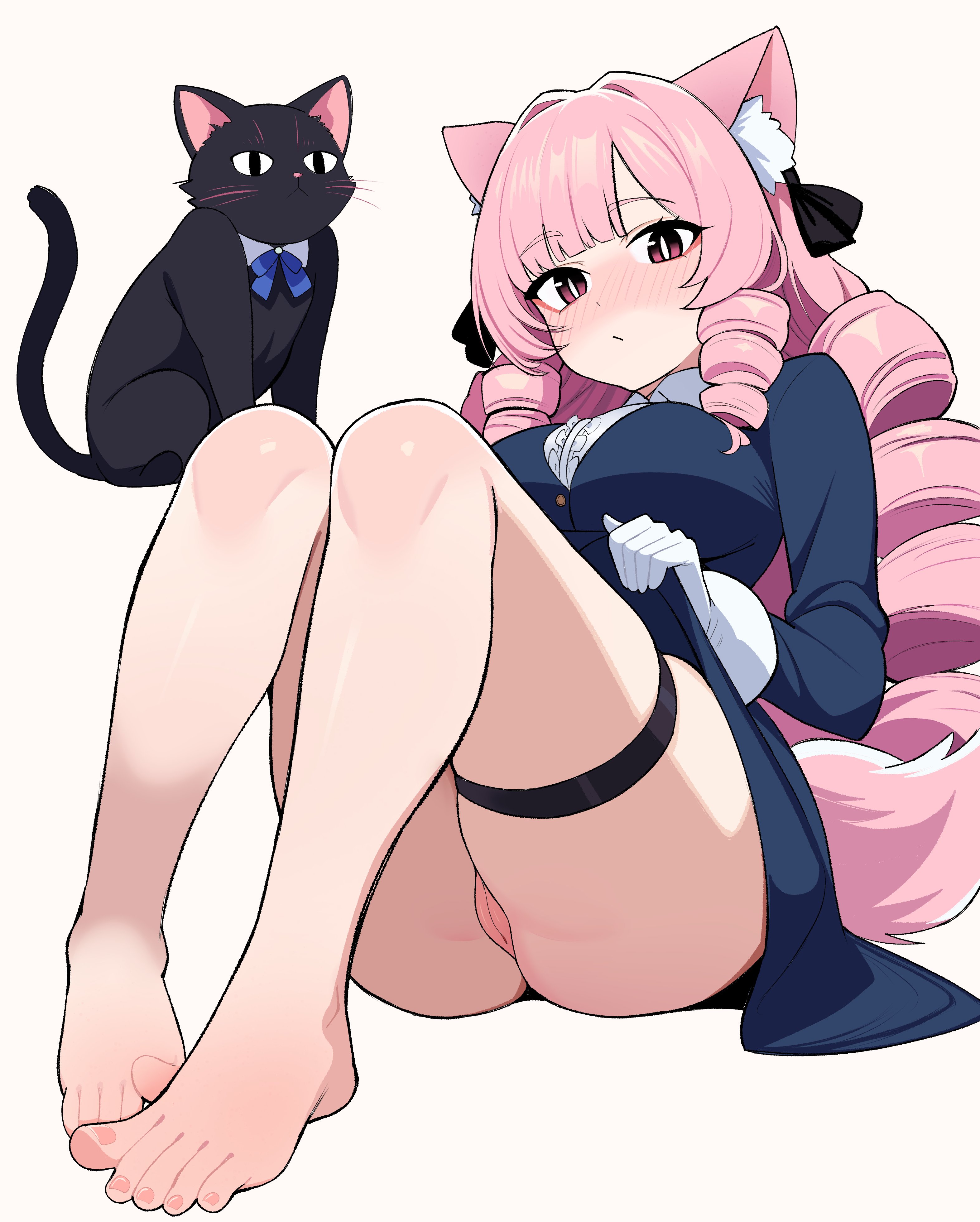 animal ears, ass, blush, cat ears, curly hair, drill hair, female, gloves, kemonomimi, maidcousin, no panties, pink hair, pussy, skindentation, slit pupils, tagme, tagme (character), thigh strap, white background