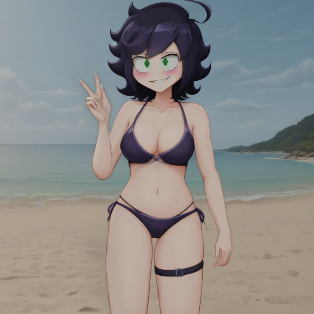 1girls ai_generated autismmix_pony(model) beach bikini blush female green_eyes ic0n internecion_cube medium_breasts peace_sign purple_bikini purple_hair short_hair smile swimsuit thigh_gap thigh_strap