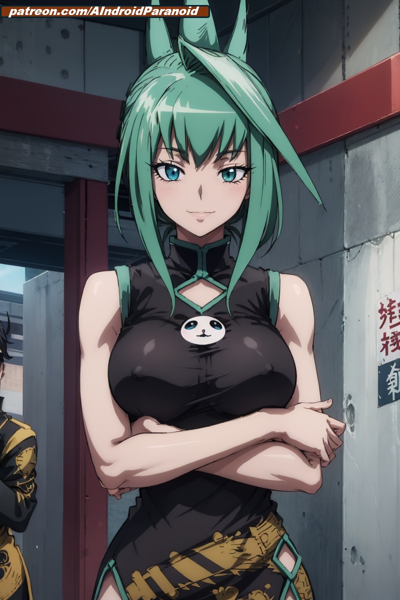 ai_generated aindroidparanoid ass big_ass big_breasts breasts dress green_eyes green_hair hips hourglass_figure huge_breasts narrow_waist nipples ponytail shaman shaman_king short_hair slim slim_waist stable_diffusion taller_girl tao_jun tight_clothing voluptuous wide_hips