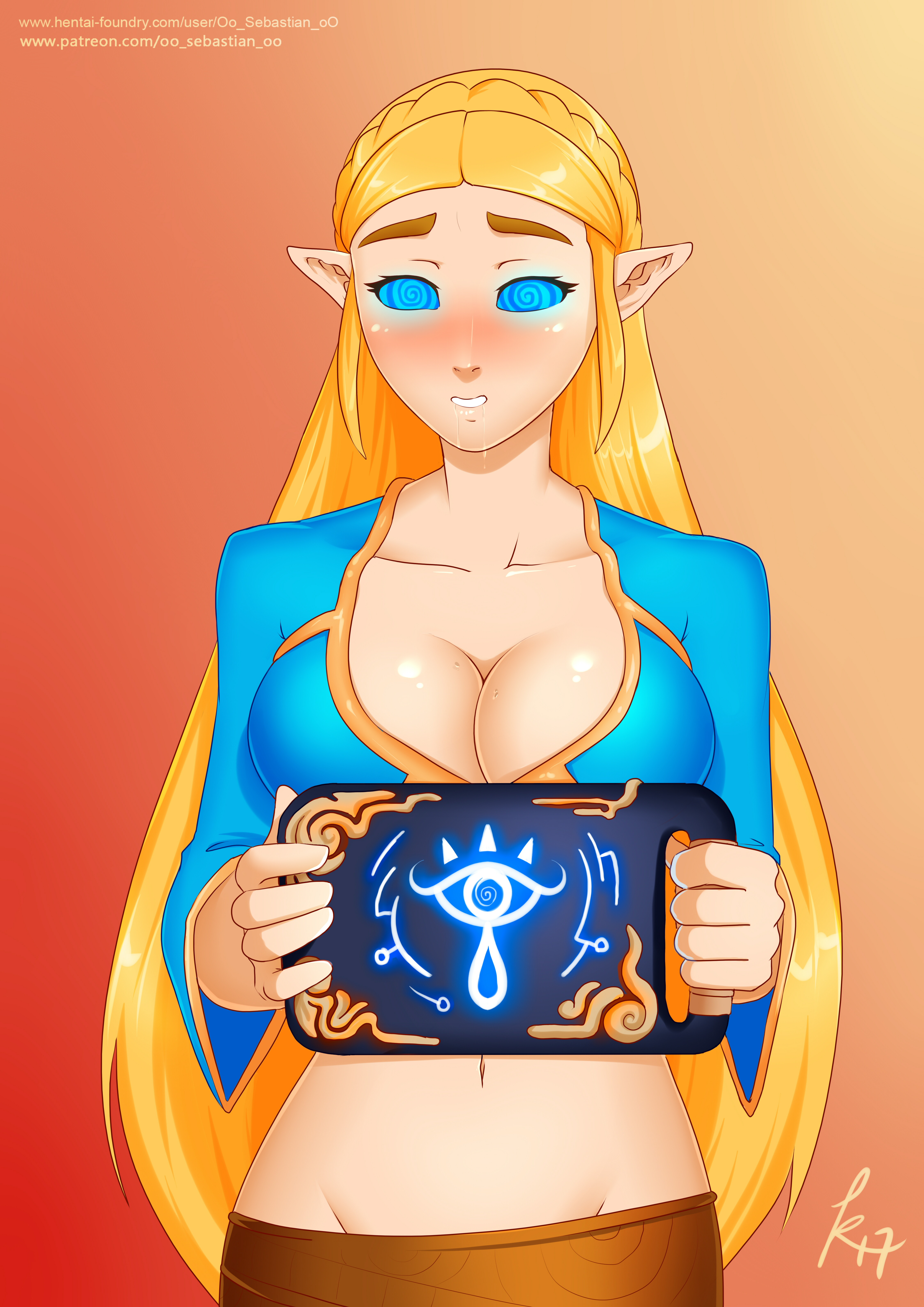 big breasts, blonde hair, breasts, breath of the wild, cleavage, female, happy trance, hypnosis, long hair, mind control, nintendo, oo sebastian oo, princess zelda, solo, spiral eyes, tech control, the legend of zelda, zelda (breath of the wild)