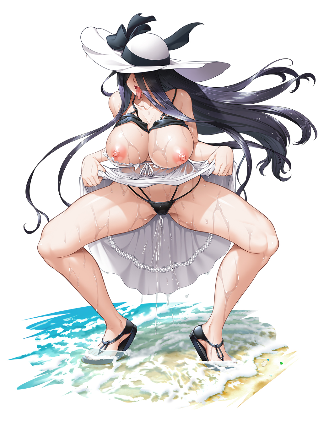 2024 beach bikini bikini_top_aside black_bikini black_hair breasts cleavage clothes_lift dress dress_lift feet female floating_hair full_body hair_over_eyes hand_on_own_knee hat highres huge_breasts jpeg legs_apart long_hair nipples official_art peeing peeing_self sandals see-through shinonome_yahiro smile solo spaghetti_strap spread_legs standing sun_hat sundress swimsuit taimanin_(series) taimanin_rpgx toenails toes tongue tongue_out urine very_long_hair water wet wet_clothes wet_dress white_background white_dress zol