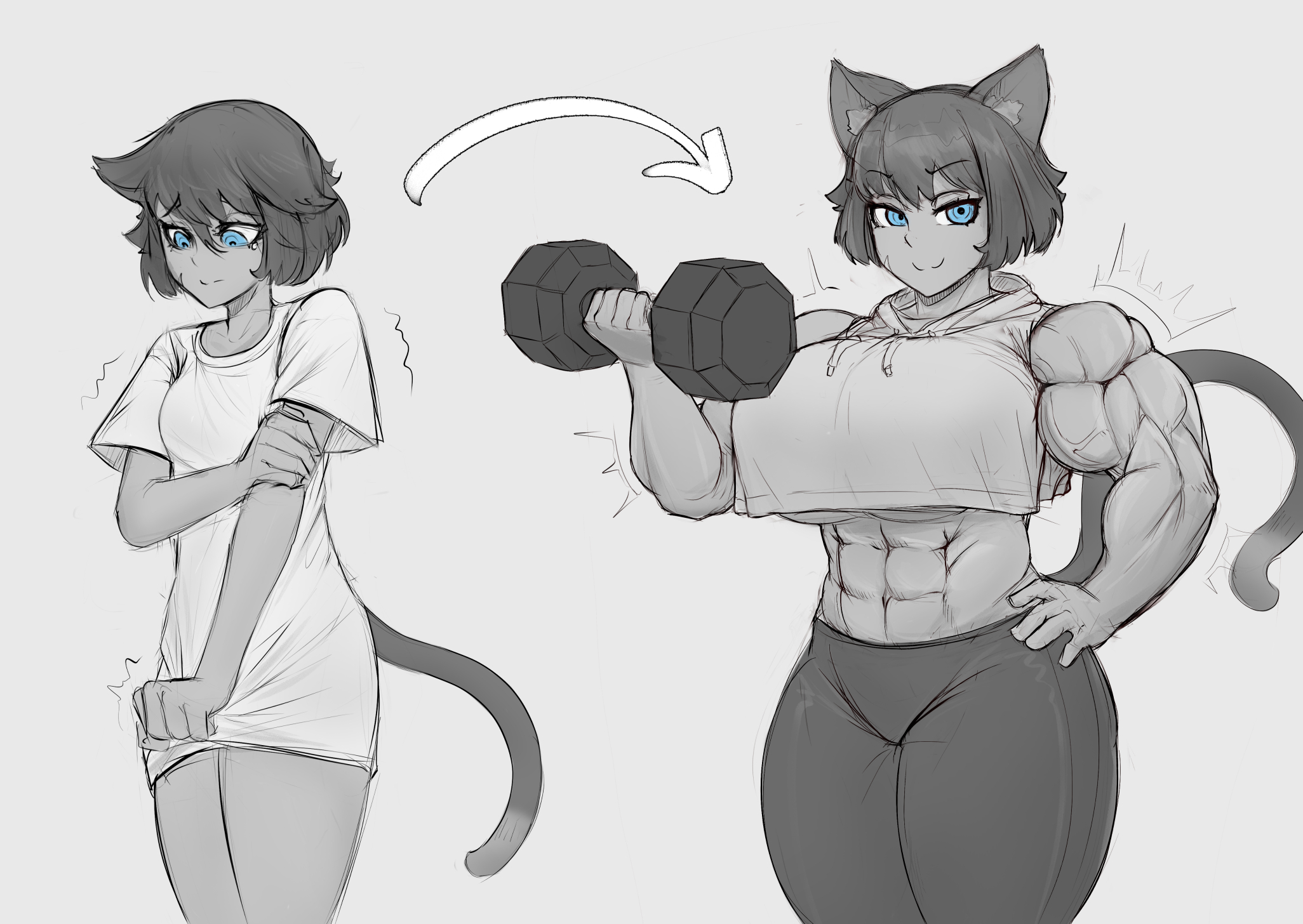 abs, blue eyes, breasts, cat girl, cathy (zeph505), female, large breasts, muscle growth, muscles, muscular, muscular female, original character, zeph505