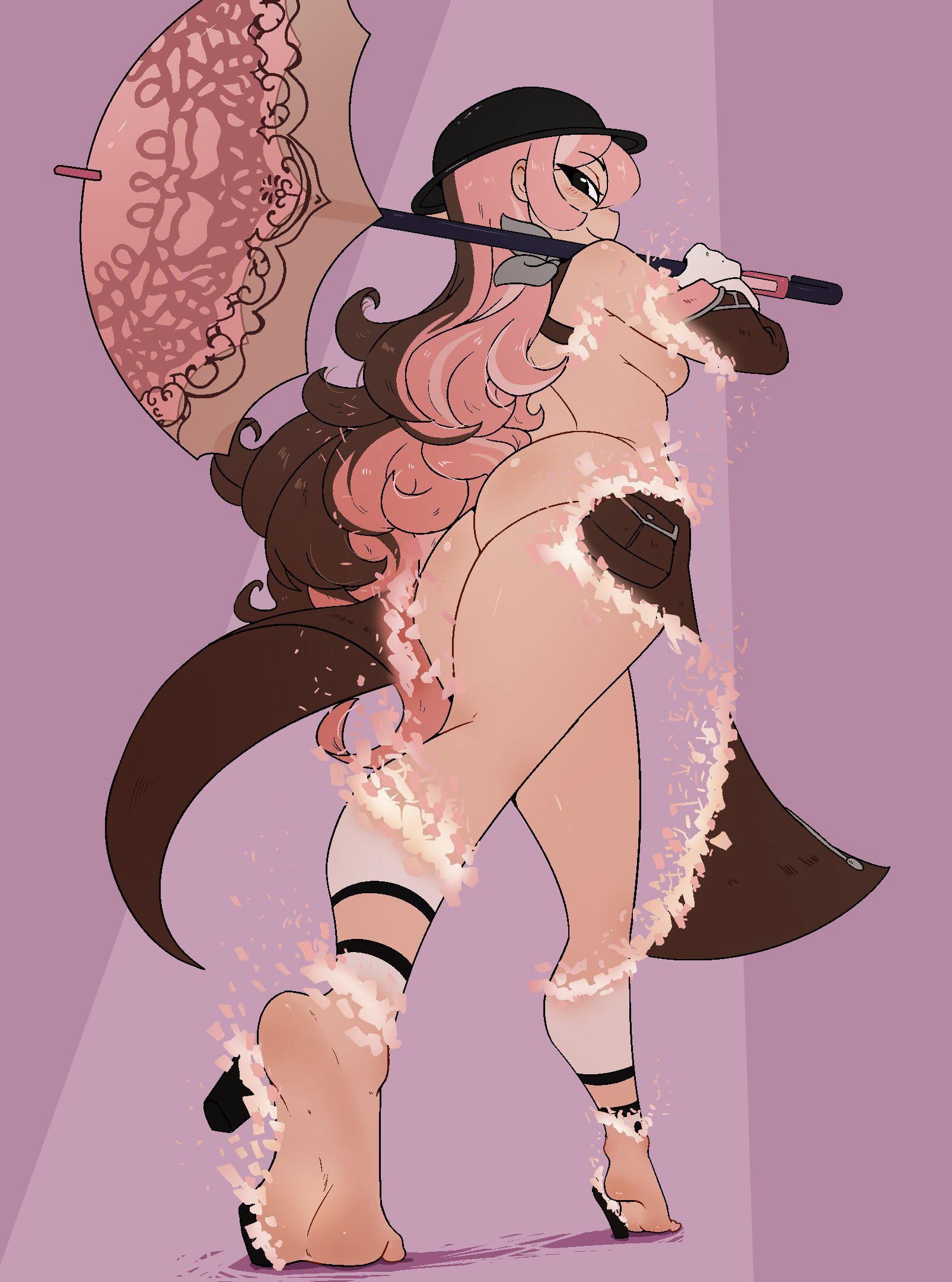1girls, bard-bot, disappearing clothes, half naked, half naked female, half-dressed, long hair, long hair female, multicolored hair, neo (rwby), rwby, solo female, spicy bardo, spicybardo, umbrella