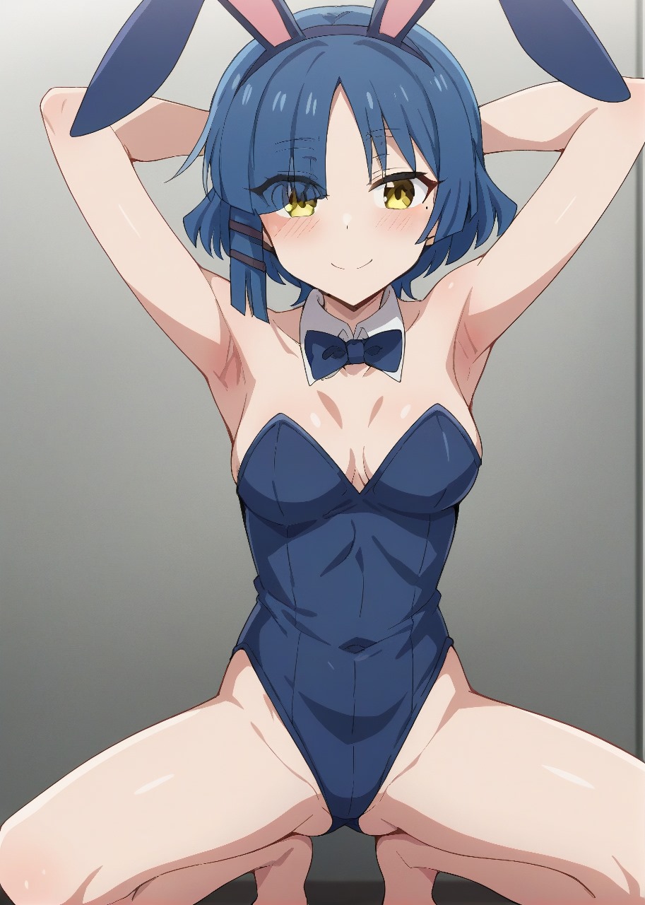 1girl anime armpits arms_behind_head blue_hair blush blushing blushing_at_viewer bocchi_the_rock! bowtie bowtie_collar bunny_ears bunnysuit smile smiling_at_viewer squatting tagme yamada_ryou yellow_eyes