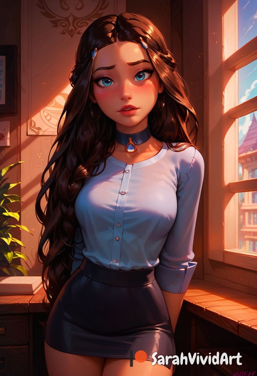 1girls, ai generated, avatar legends, avatar the last airbender, black skirt, blue eyes, braided hair, brown hair, brunette hair, button down shirt, clothed, female, female focus, katara, looking at viewer, nickelodeon, office, office lady, sarahvividart, seductive, seductive eyes, seductive look, seductive smile, solo, solo focus