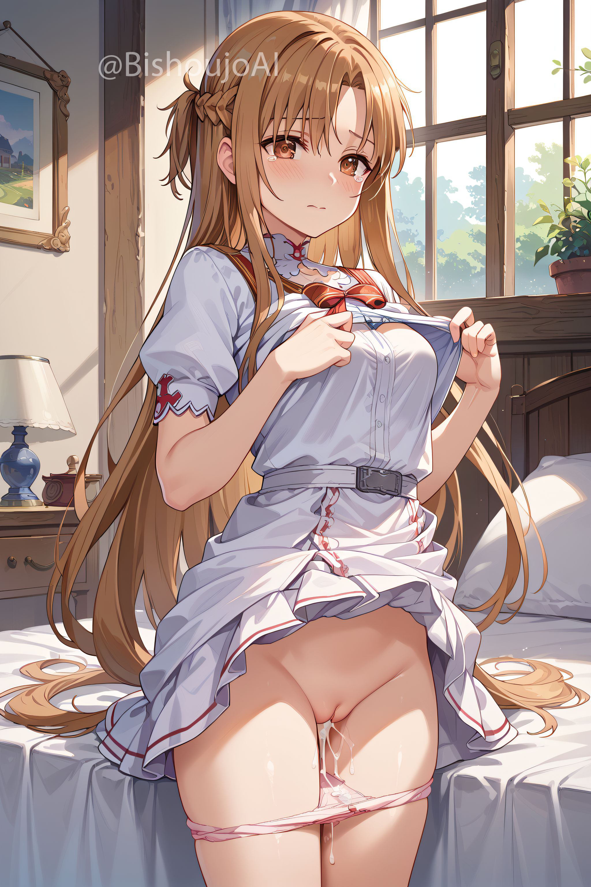 1girls, after sex, ai generated, bangs, bishoujoai, blush, braid, braided hair, breasts, brown eyes, brown hair, closed mouth, crown braid, cum, cum drip, cum in pussy, cum inside, dress, embarrassed, female, hi res, long hair, medium breasts, panties, panties down, puffy sleeves, pulling clothing, pussy, shirt pull, short sleeves, sidelocks, stable diffusion, sword art online, tearing up, tears, white dress, yuuki asuna