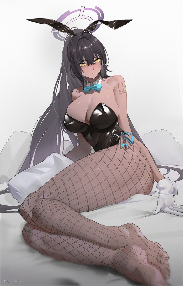 1girls big_breasts black_hair blank_background blue_archive bowtie breasts bunny_ears bunnysuit chilakkk cleavage dark-skinned_female feet female fishnets gloves karin_(blue_archive) leotard sitting solo tattoo thick_thighs thighs yellow_eyes