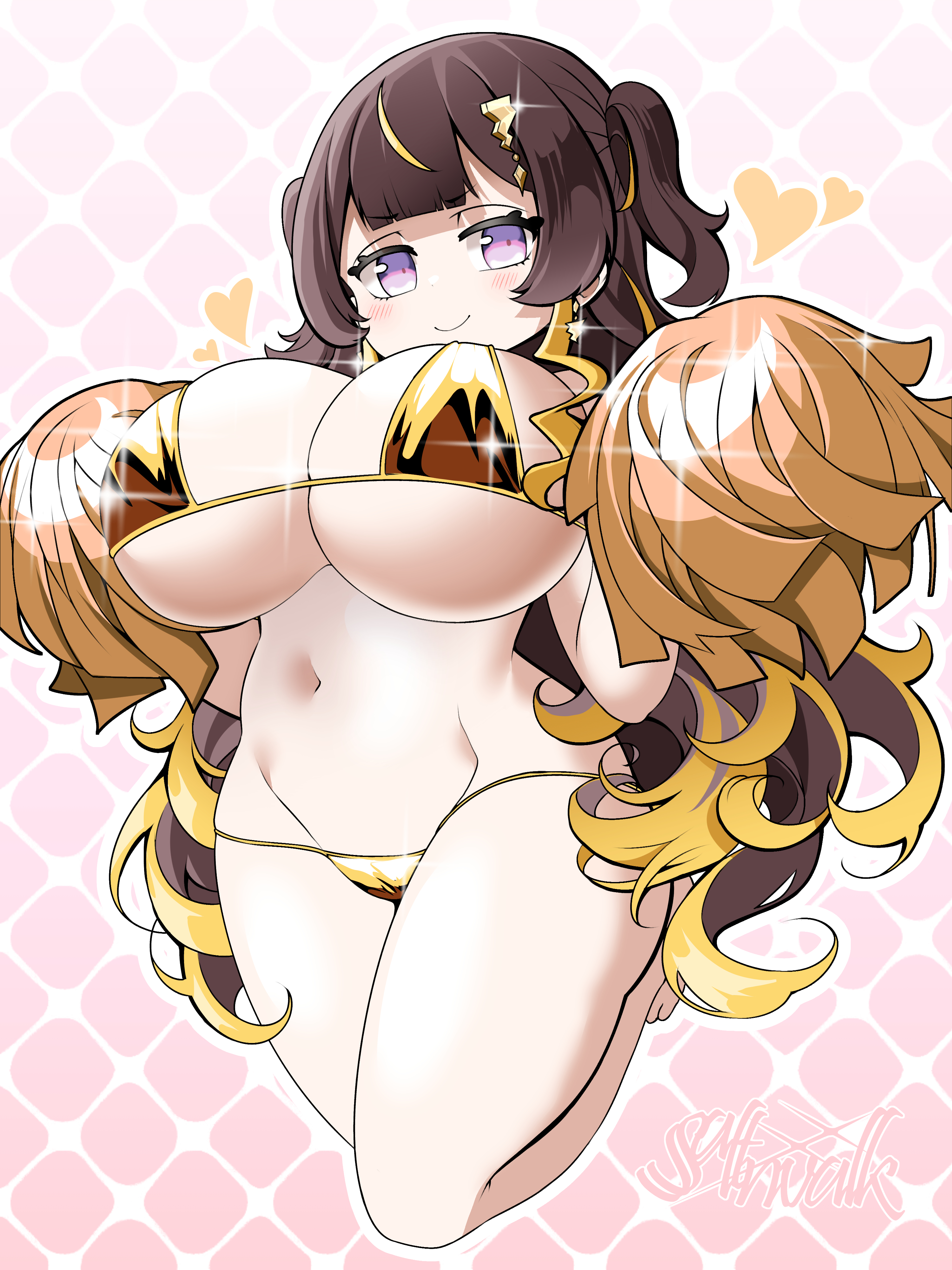 anya melfissa, artist name, breasts, cameltoe, cheerleader, cute, female, gold bikini, half-closed eyes, heart, hololive, hololive indonesia, hololive indonesia holoro, huge breasts, legs up, low-angle view, micro bikini, pom poms, pussy, round breasts, saltnvalk, signature, thick thighs, virtual youtuber, voluptuous, wide hips