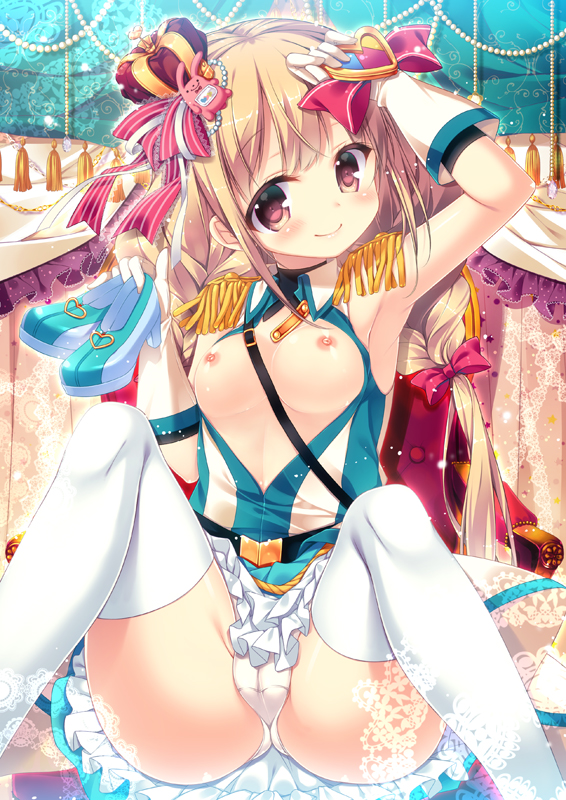 armpits blonde_hair blush bow breasts cameltoe crown crystal_night_party epaulettes female futaba_anzu gloves hairbow high_heels idolmaster idolmaster_cinderella_girls long_hair looking_at_viewer mini_crown mitsumomo_mamu nipples panties red_eyes shine!! shoes sitting small_breasts smile solo spread_legs thighhighs twintails underwear white_gloves white_legwear white_panties