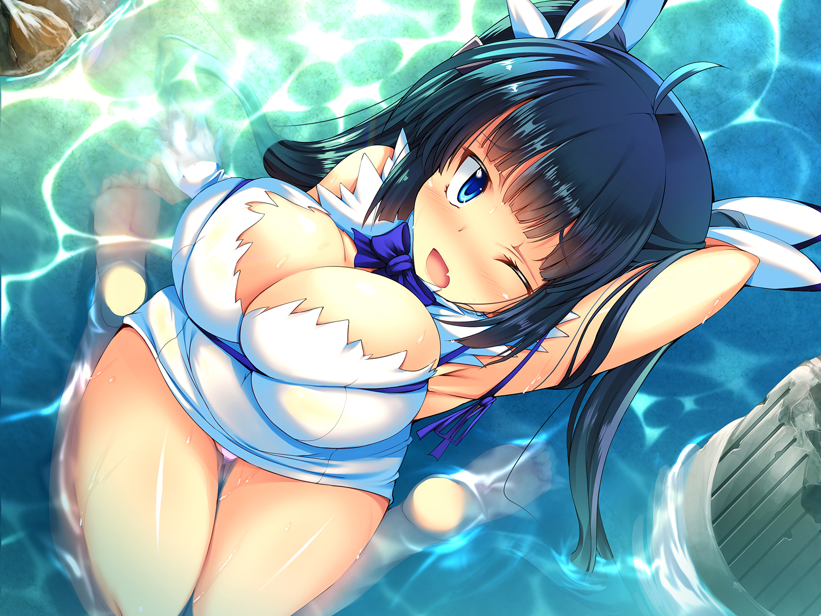 ahoge, barefoot, black hair, blue eyes, blush, bow, breasts, cleavage, cleavage cutout, cute fang, deep skin, dress, dungeon ni deai wo motomeru no wa machigatteiru darou ka, female, from above, gloves, hair ribbon, hand behind head, hestia (danmachi), highres, large breasts, long hair, looking at viewer, one eye closed, open mouth, panties, pantyshot, pantyshot (sitting), partially submerged, pink panties, rei no himo, ribbon, sitting, solo, thick thighs, tied hair, torisan, twintails, underwear, wariza, water, wet, white dress, white gloves