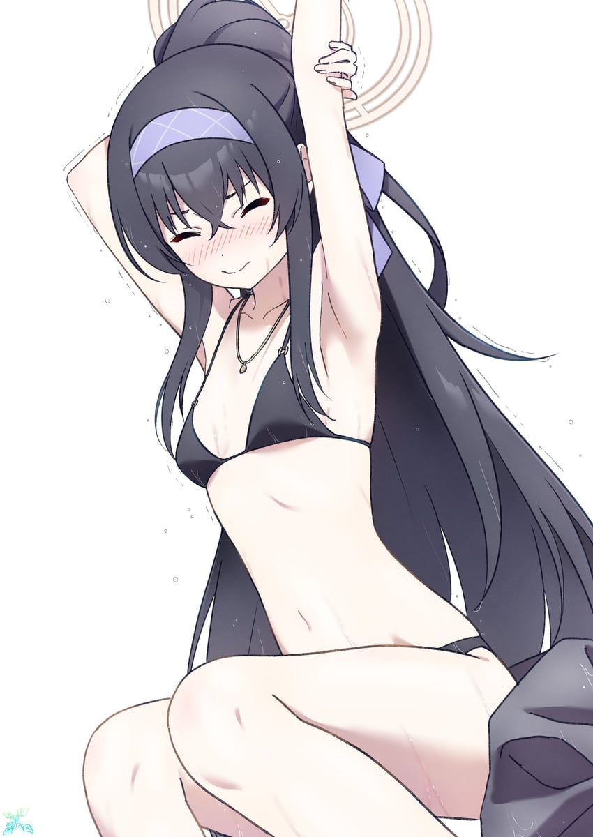 armpits arms_up bare_arms bare_belly bare_legs bare_shoulders bare_thighs belly_button bikini black_bikini black_hair blue_archive blush body_blush breasts cleavage closed_eyes closed_mouth collarbone hairband halo long_hair makicha_(sasurainopink) necklace ponytail sideboob small_breasts stretching_arms thighs trembling ui_(blue_archive) wet_body