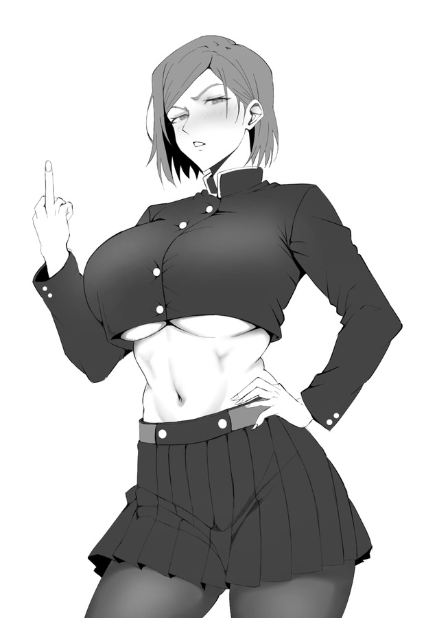 1girls abdominals annoyed annoyed_expression assertive_female bitchy blush bossy_look bully confident_female female female_only femdom flipping_off flipping_viewer_off hand_on_hip huge_breasts human jujutsu_kaisen kugisaki_nobara mean middle_finger midriff monochrome navel pov_sub recolor sassy school_uniform schoolgirl simple_background skirt sneer solo tsundere underboob