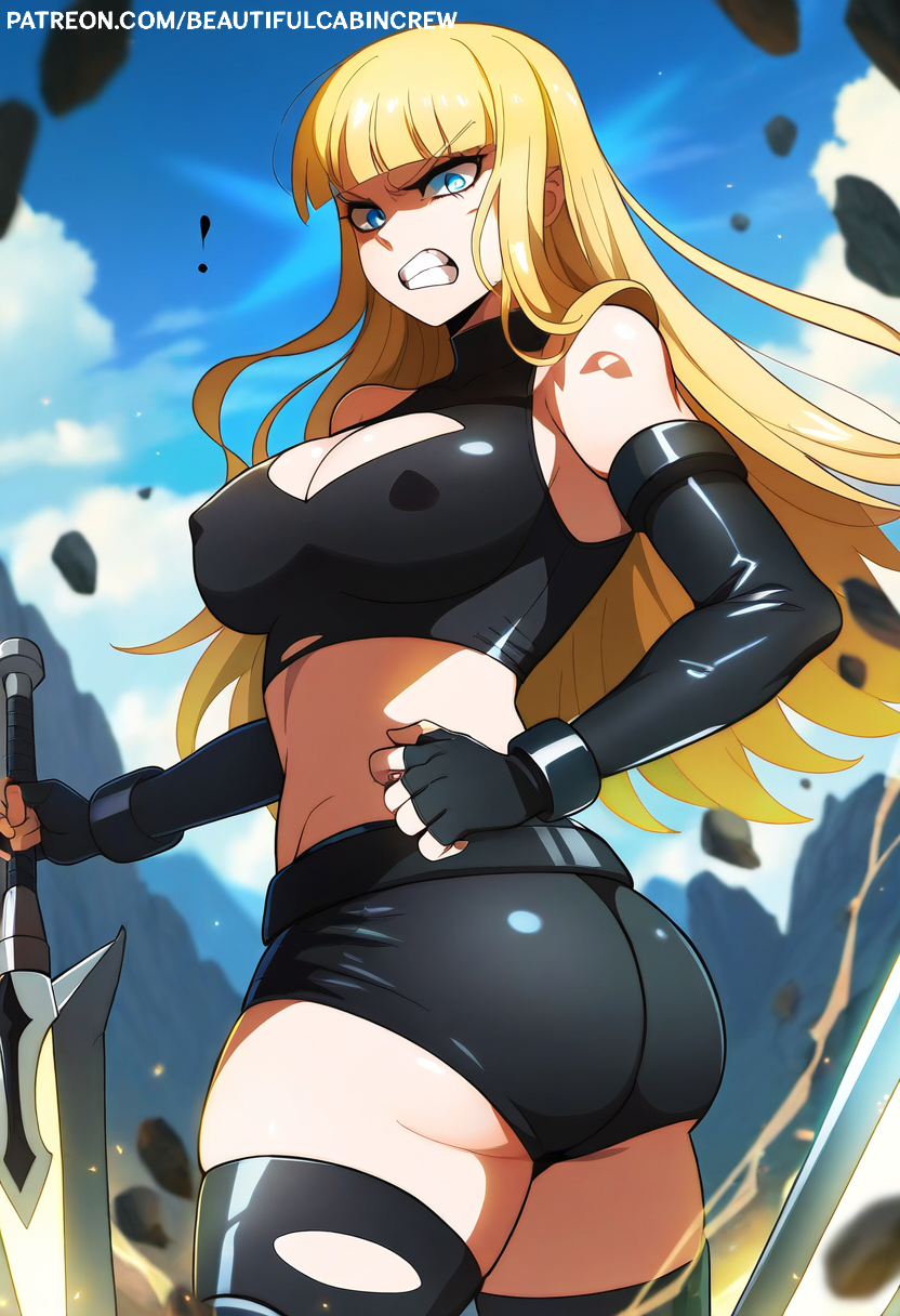 1girl 1girls 2024 2d 2d_(artwork) ai_generated angry anime_girl ass ass_focus beautifulcabincrew big_ass big_breasts black_bra black_legwear black_underwear blonde_female blonde_hair blonde_hair_female blue_eyes boob_window booty_shorts breasts hime_cut long_hair looking_at_viewer magik_(illyana_rasputin) marvel marvel_comics mutant nipples_visible_through_clothing ripped_stockings short_shorts shorts sword thigh_high_stockings thigh_highs thighhighs thighs x-men