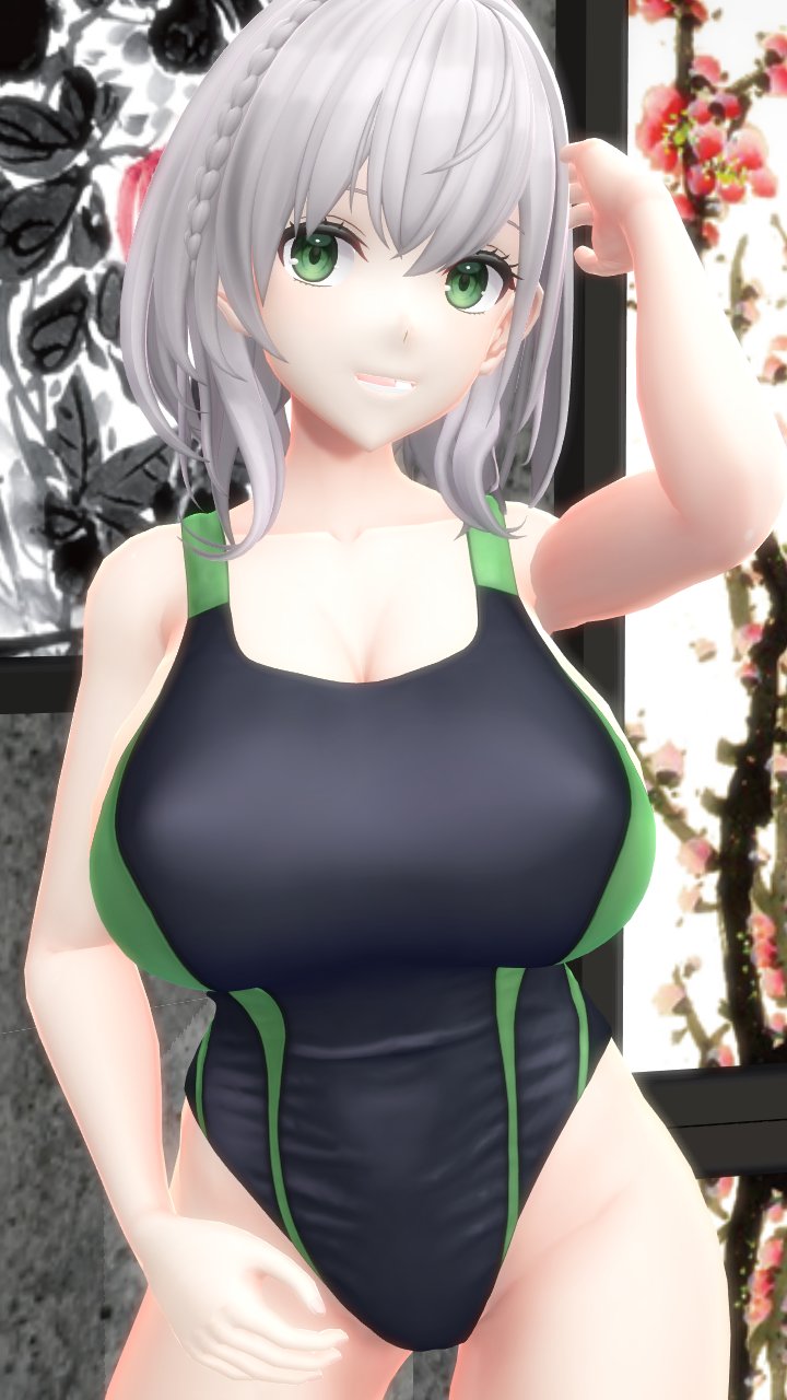 1girls 2024 3d_(artwork) big_breasts cleavage green_eyes hati_yukkuri_mmd hololive hololive_japan indoors light-skinned_female looking_at_viewer mmd one_arm_up shirogane_noel smiling_at_viewer solo_female solo_focus swimsuit white_hair_female