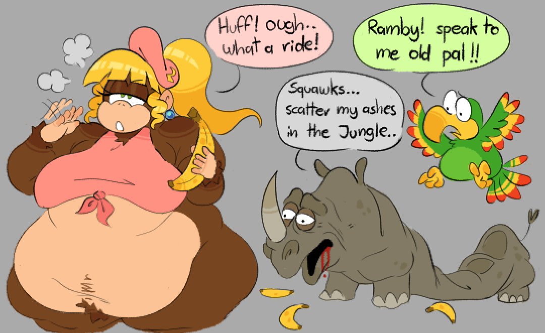 blonde_hair brown_fur crop_top dixie_kong donkey_kong_(series) donkey_kong_country female_focus hairy huge_belly joke_art monkey_girl morbidly_obese ponytail rareware sagging_breasts sleepyslut text_bubble treasure_trail white_skin wide_hips