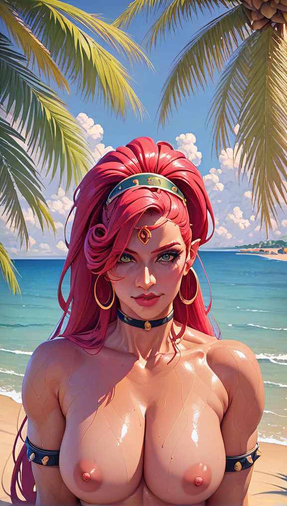 1girls ai ai_generated beach blue_eyes breasts breath_of_the_wild collar dark-skinned_female dark_skin earrings female female_only gerudo hyrule_warriors:_age_of_calamity long_hair looking_at_viewer naked naked_female nintendo nipples nude nude_female palm_trees pointy_ears red_hair self_upload spiked_armlet standing standing_female the_legend_of_zelda the_legend_of_zelda:_breath_of_the_wild urbosa water