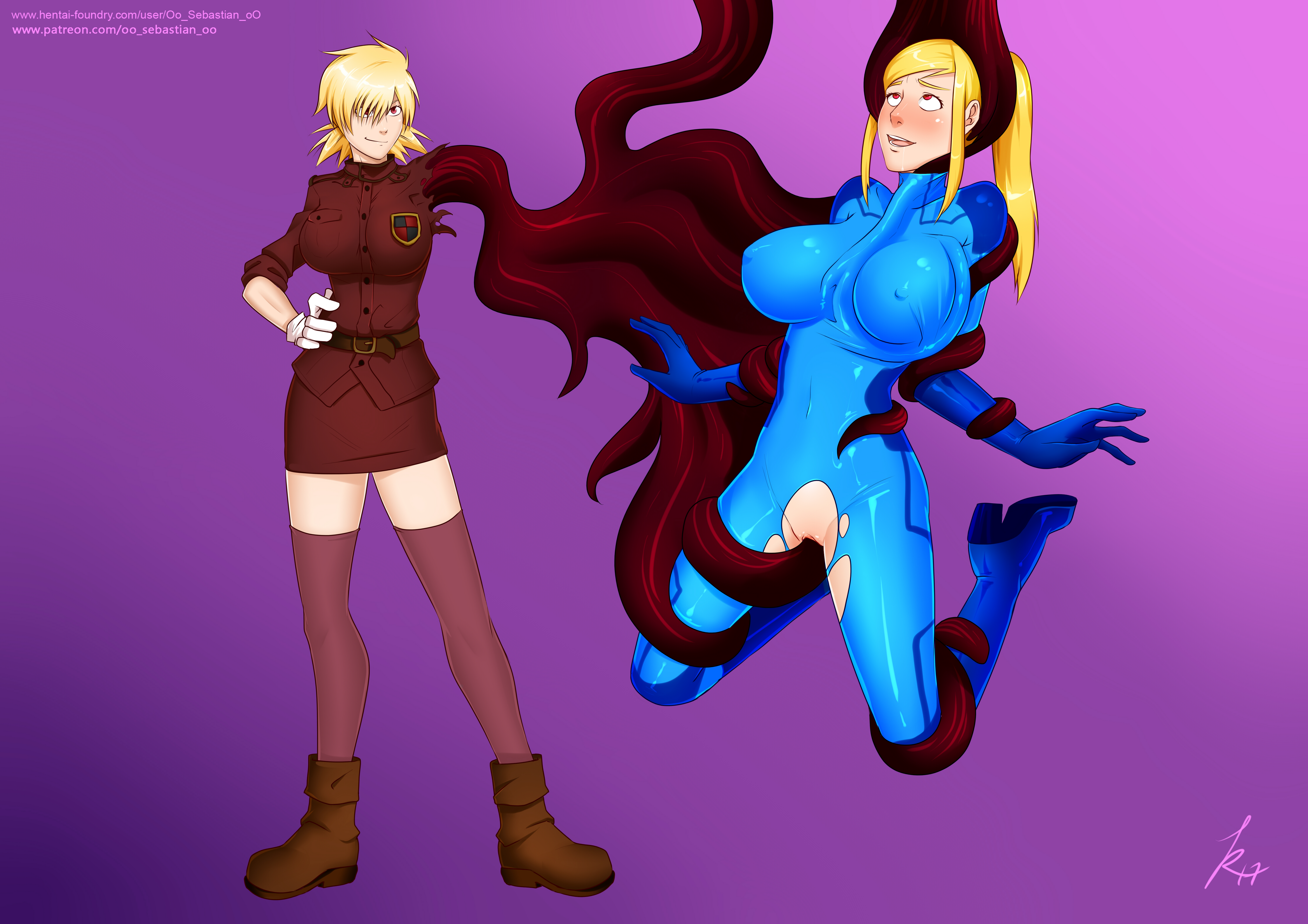 big breasts, blush, bodysuit, bondage, breasts, clothed sex, clothing, covered navel, crossover, erect nipples, female, hellsing, metroid, mind control, nintendo, nipples, oo sebastian oo, open mouth, penetration, pussy, rape, restrained, ripped clothes, ripped clothing, samus aran, seras victoria, skin tight, smile, tentacle, tentacle rape, tentacles, torn clothes, torn clothing, vaginal penetration, vampire, yuri, zero suit, zero suit samus