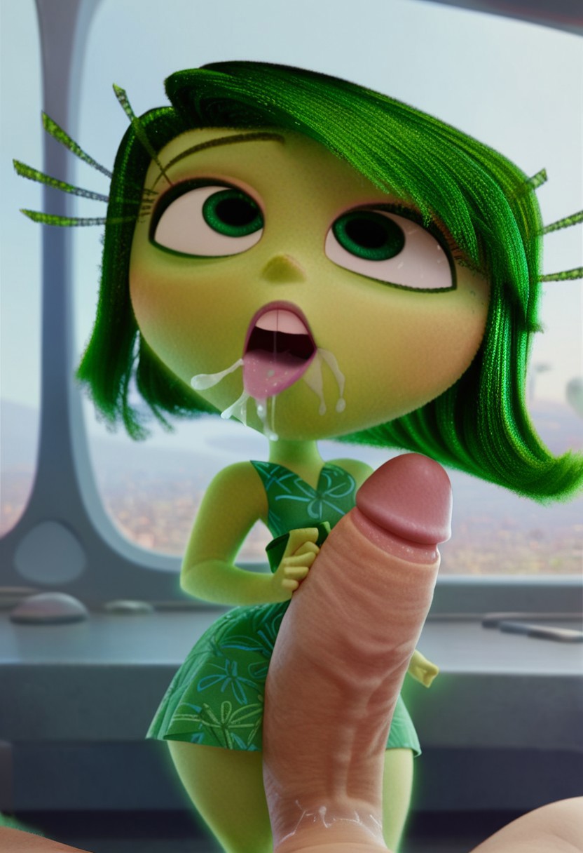 ai generated, cum, cum on face, disgust (inside out), disney, female, female focus, green body, green eyes, green hair, green skin, inside out, male, penis, pink lips, pink lipstick, pixar, short hair, tongue, tongue out